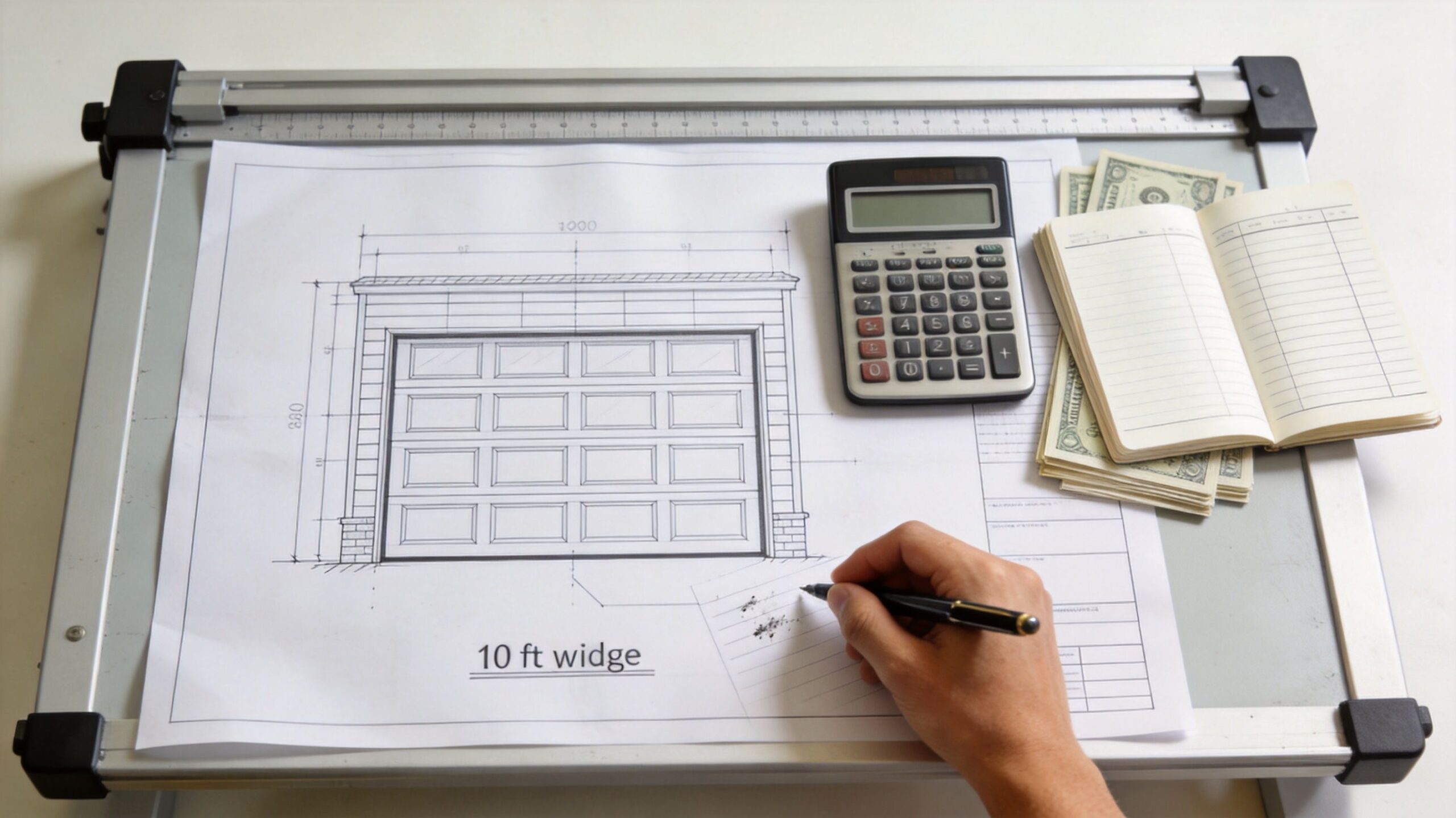 A person writing on a blueprint of a 10 ft wide garage door next to a calculator and cash.