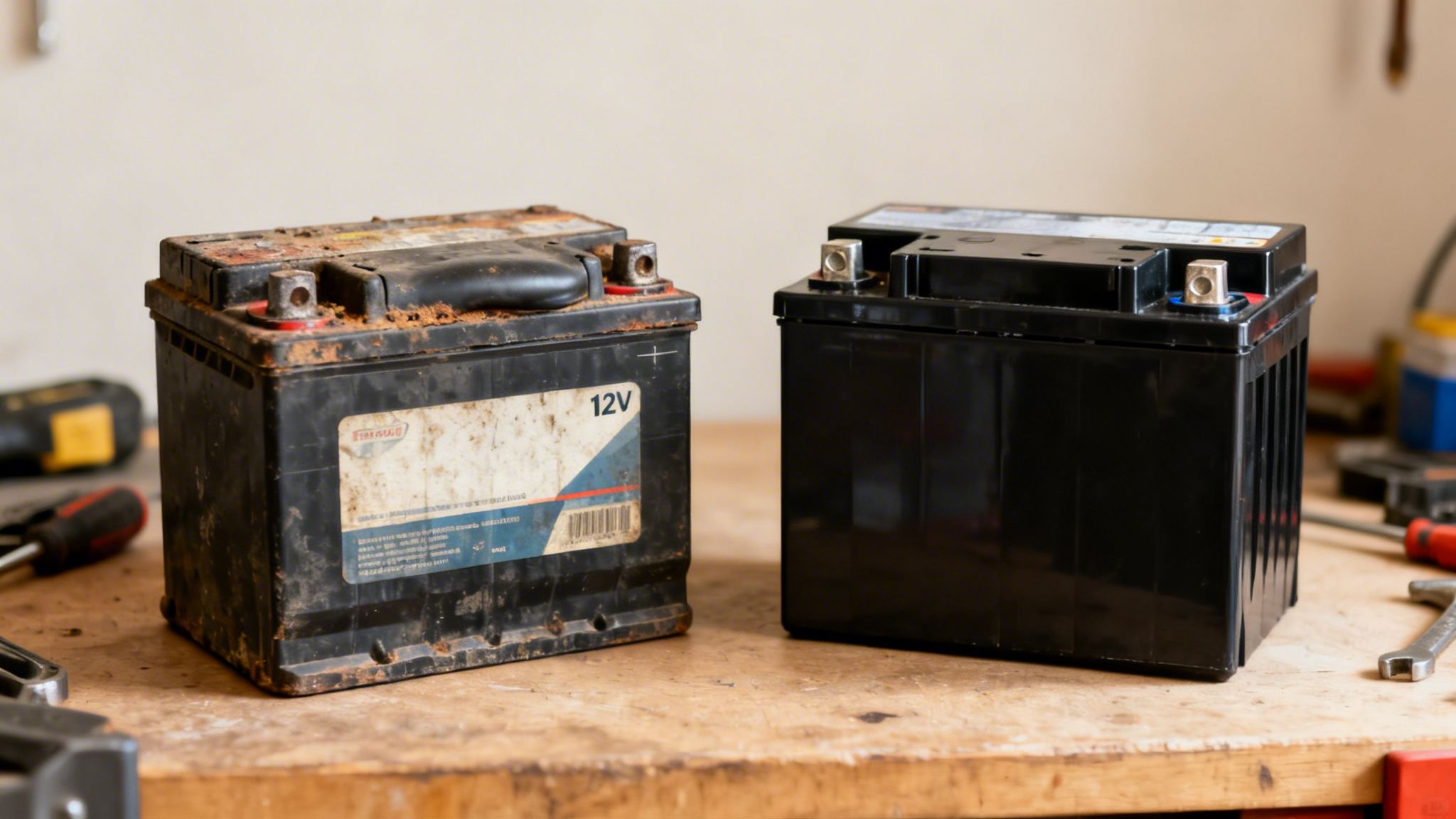 Two 12V lead-acid car batteries on a workbench, one old and corroded, one new.