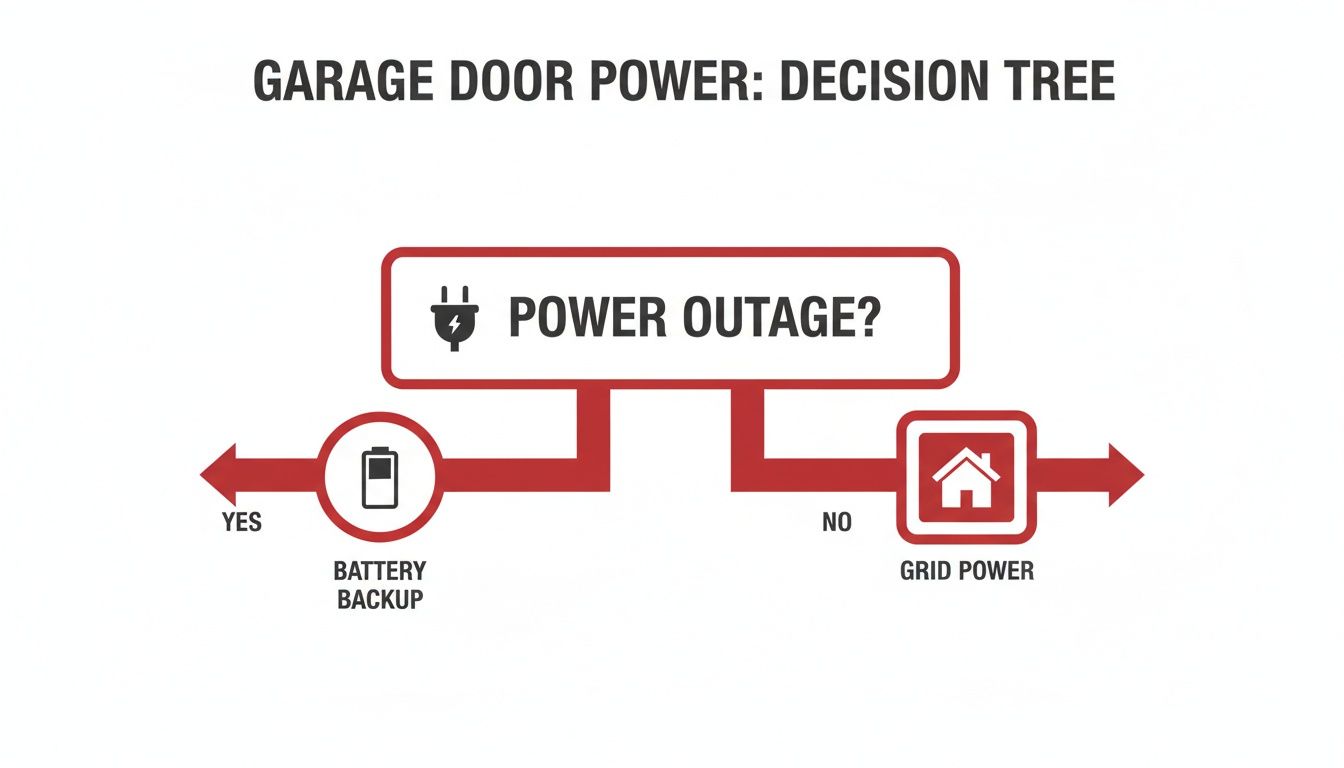 Decision tree showing garage door power options: battery backup for power outages, or grid power.