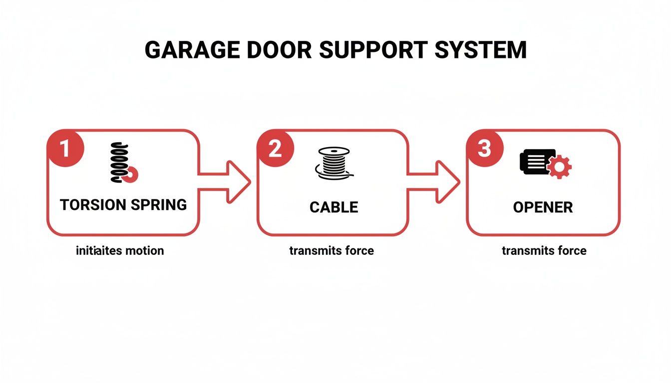 Diagram illustrating the garage door support system with torsion spring, cable, and opener components.