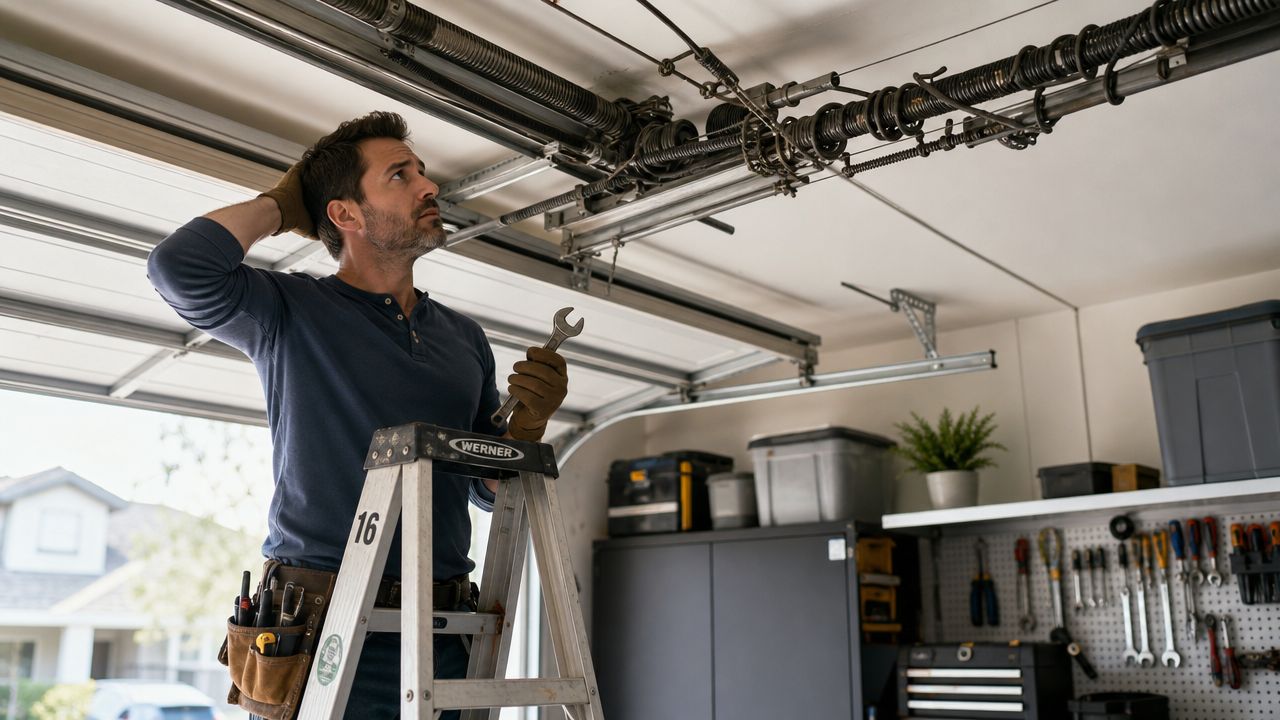 A man standing on a 16 ft ladder looking up at the garage door spring mechanism.