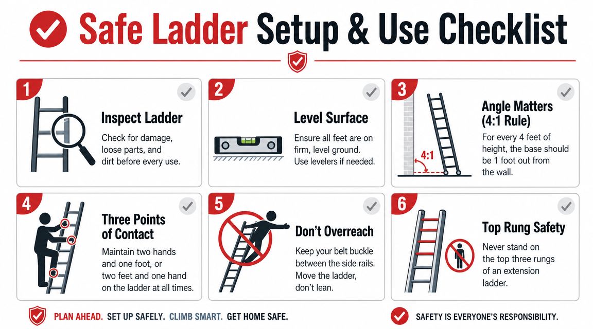 A safety infographic illustrating six essential rules for the proper setup and usage of extension ladders.