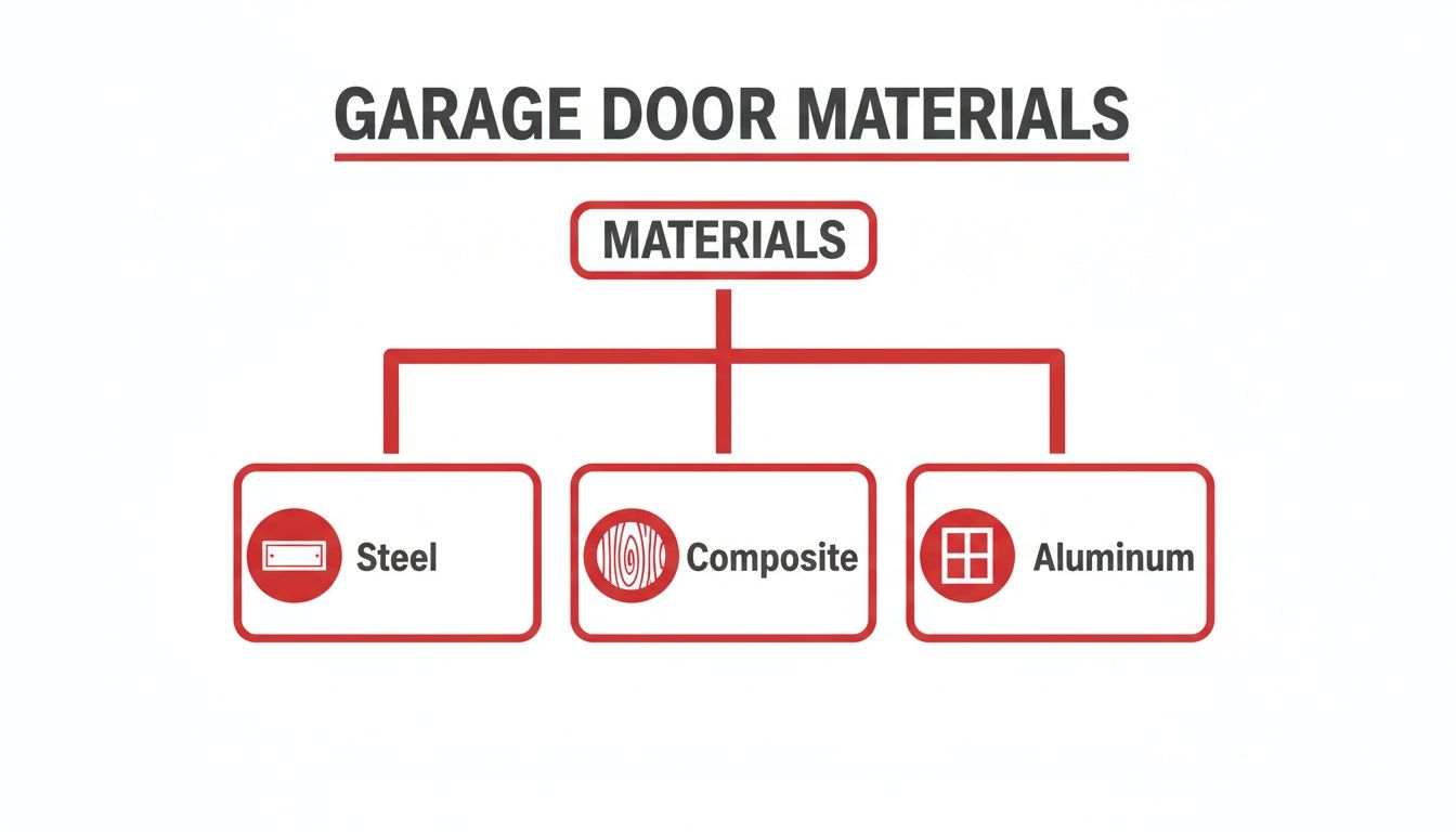 A hierarchical diagram showing garage door materials: Steel, Composite, and Aluminum with corresponding icons.