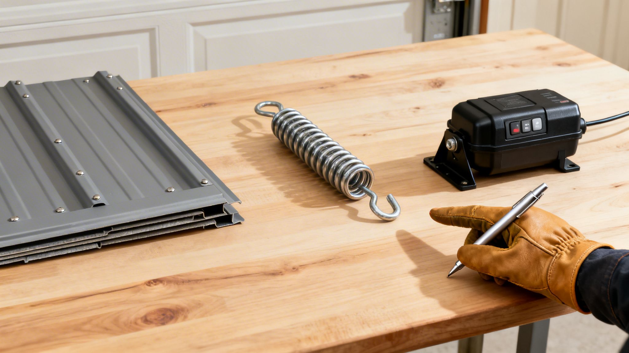 Various garage door parts, including metal panels, a spring, and an electronic device, on a wood table.