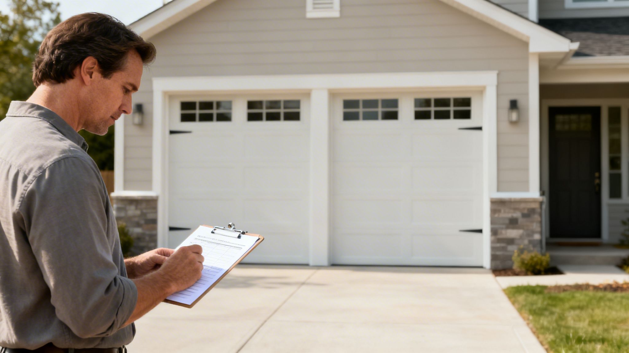 A man in a gray shirt writes on a clipboard in front of a modern house with a two-car garage.