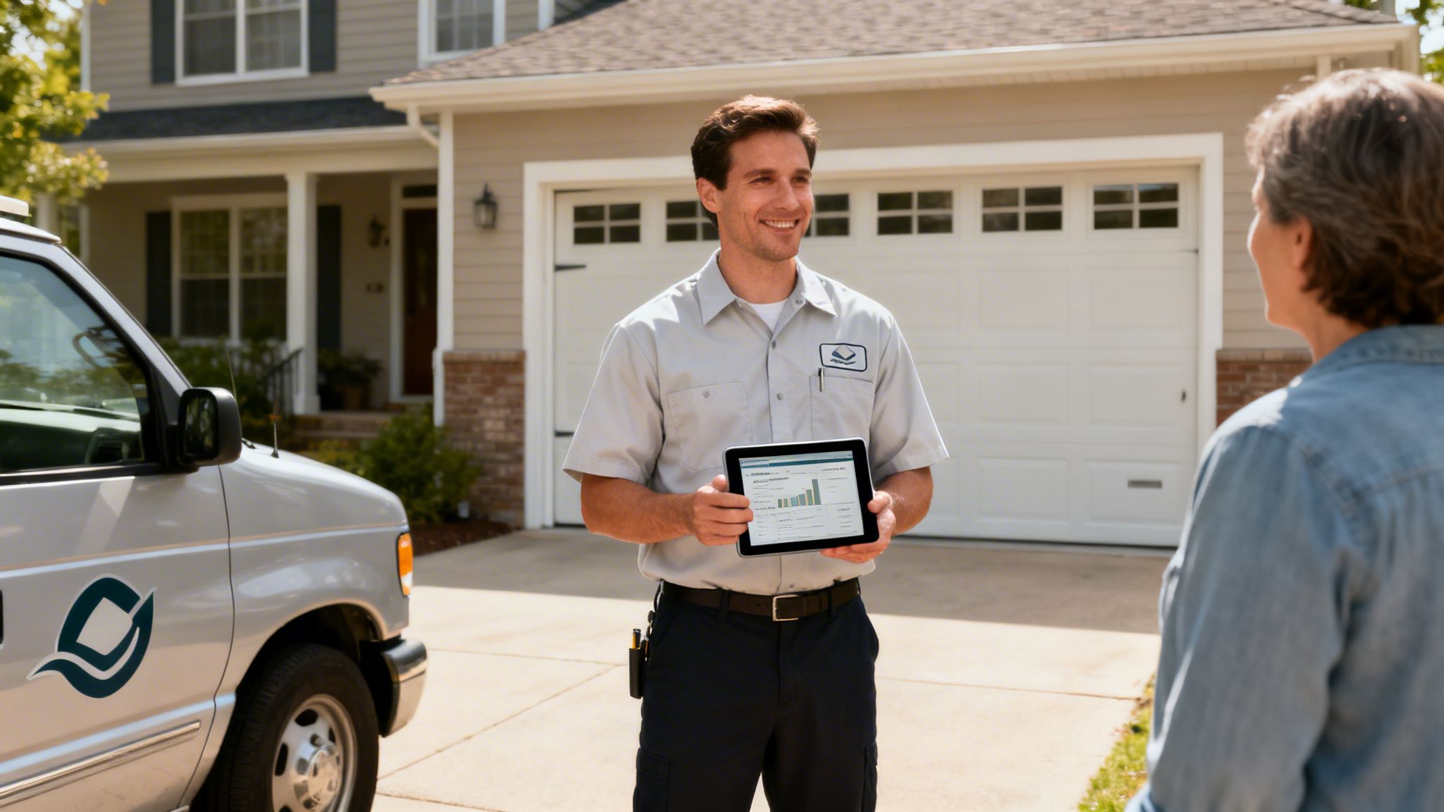 A smiling service technician shows a customer data on a tablet in front of a house with a garage.