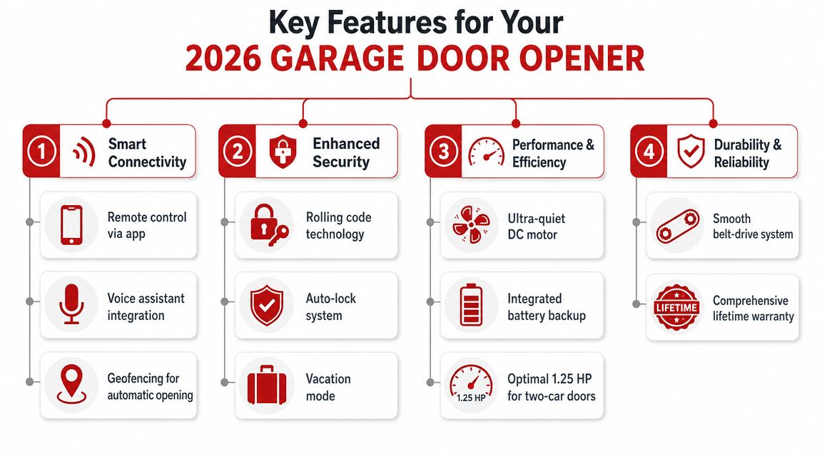 An infographic showing four key features for a 2026 smart garage door opener including security and performance.