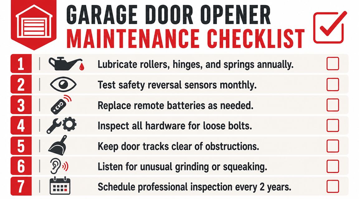 A seven-step garage door opener maintenance checklist infographic with icons for routine safety and hardware inspections.