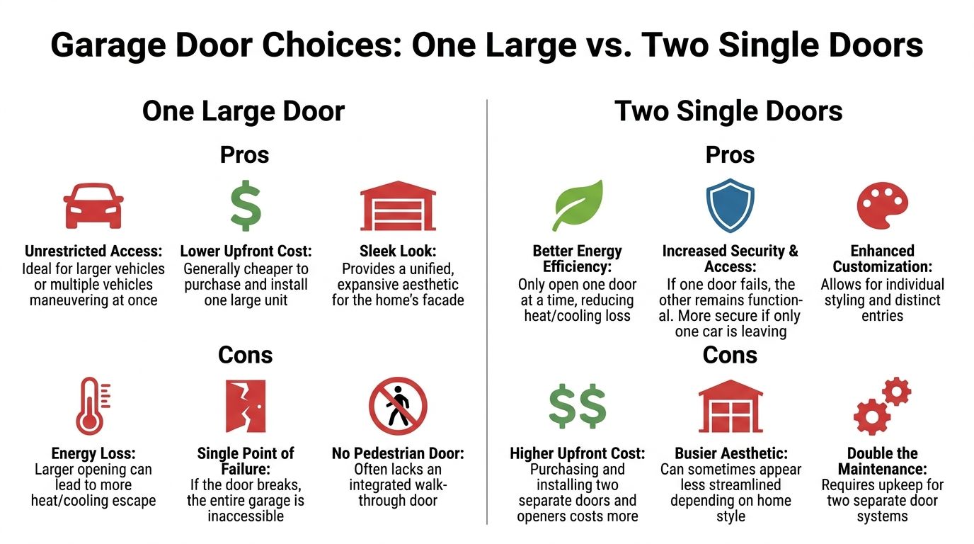 A comparison chart highlighting the pros and cons of choosing a single large garage door versus two single doors.