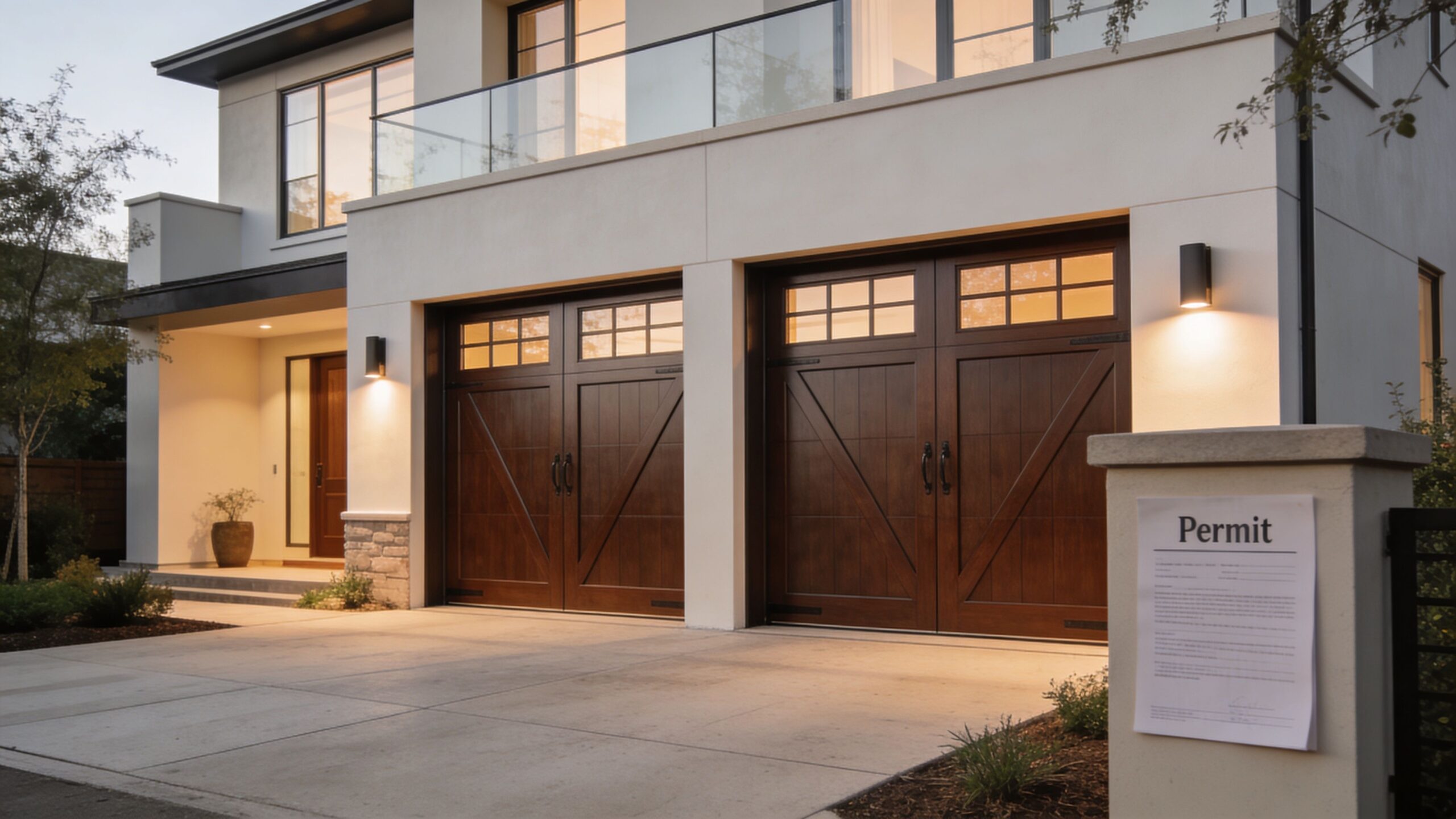 A modern two-story luxury home featuring a two door wooden garage and a posted construction permit.