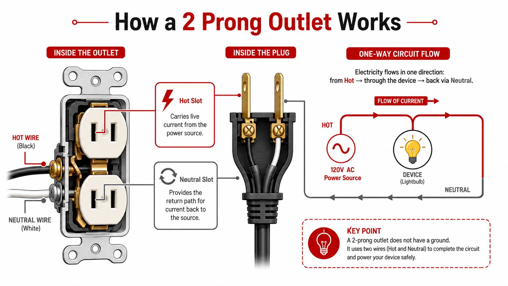 A diagram illustrating the wiring and circuit flow of a standard two-prong electrical wall outlet.