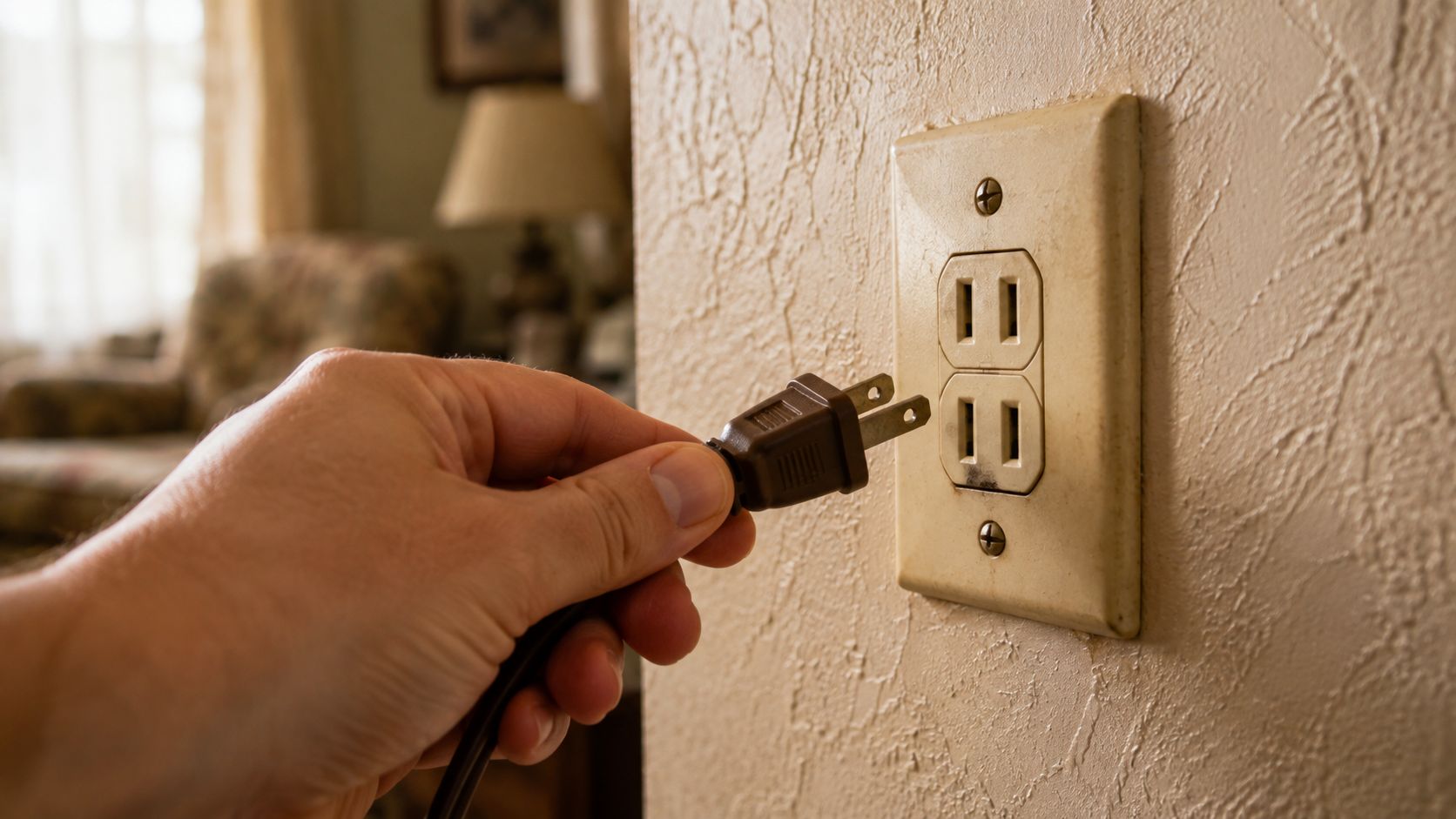 A close-up view of a hand holding a two-prong electrical plug towards a wall outlet.