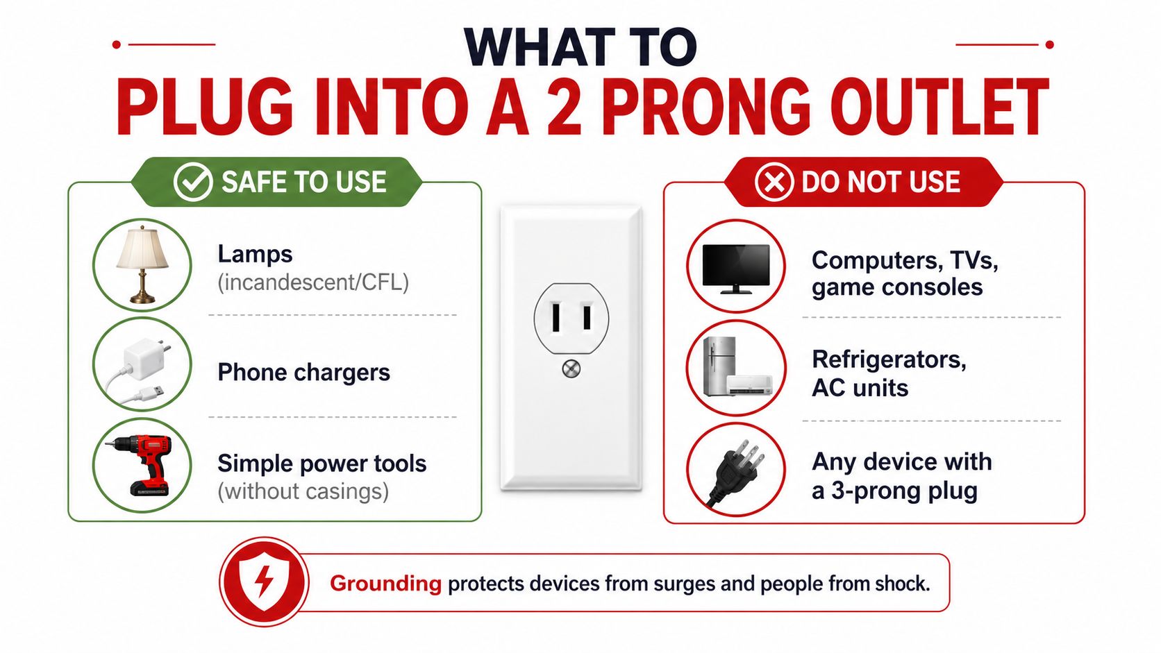 An infographic showing which devices are safe and unsafe to plug into a 2 prong electrical outlet.