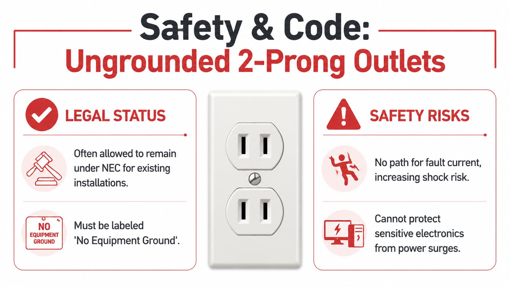 An infographic detailing the safety and legal status of ungrounded two-prong electrical outlets in homes.