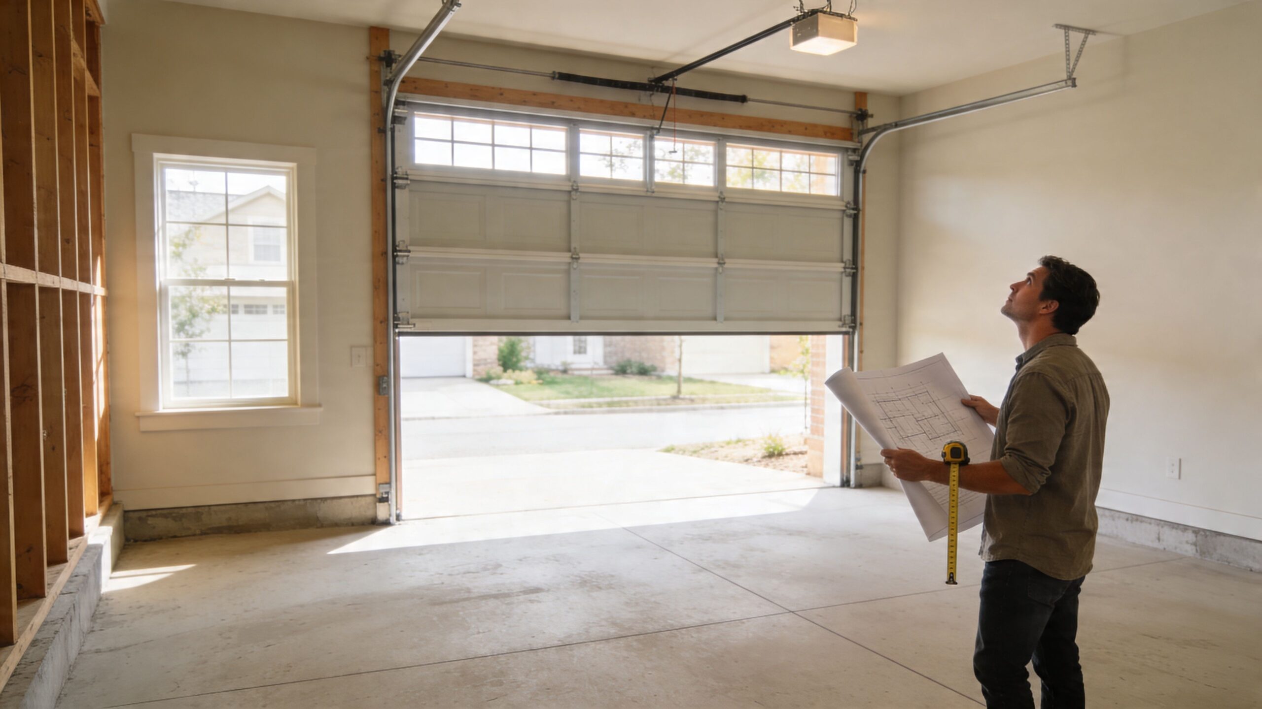 A man holding construction blueprints looking up at a partially open residential garage door.