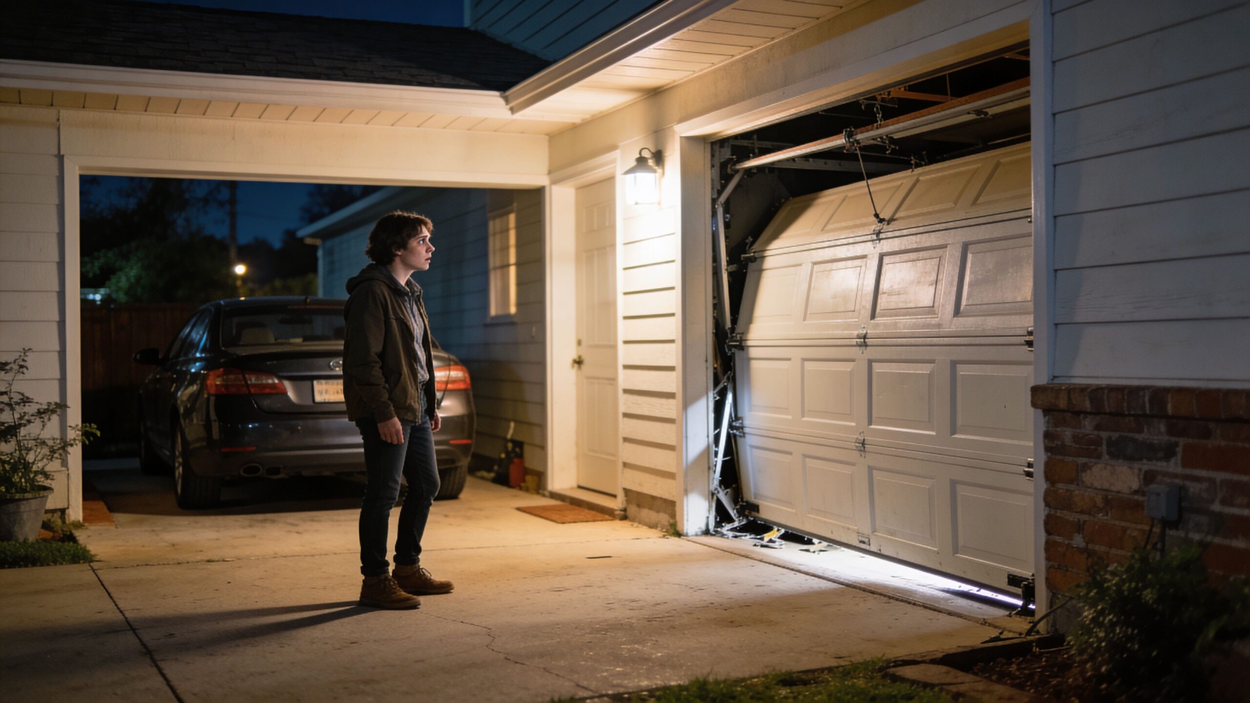 A young man looking at a broken garage door at night outside a house.