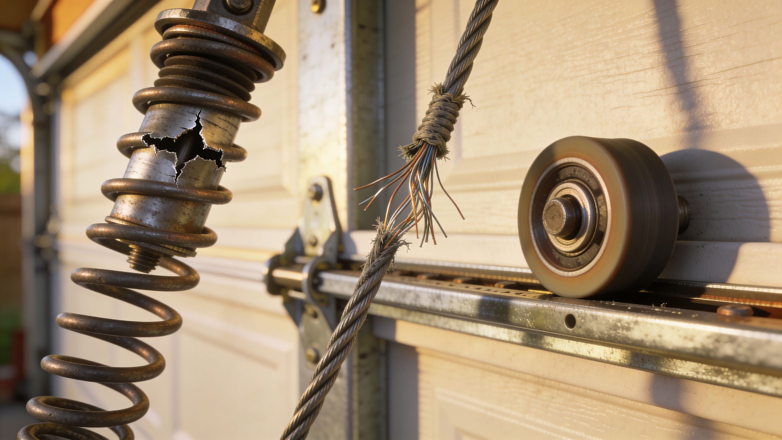 A close up view of a broken, rusted garage door torsion spring and frayed metal lifting cable.