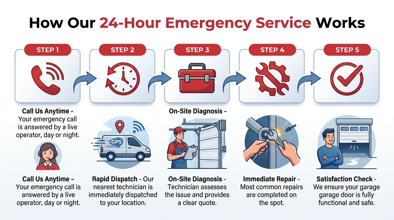 A five-step infographic illustrating the professional 24-hour emergency garage door repair and service process.