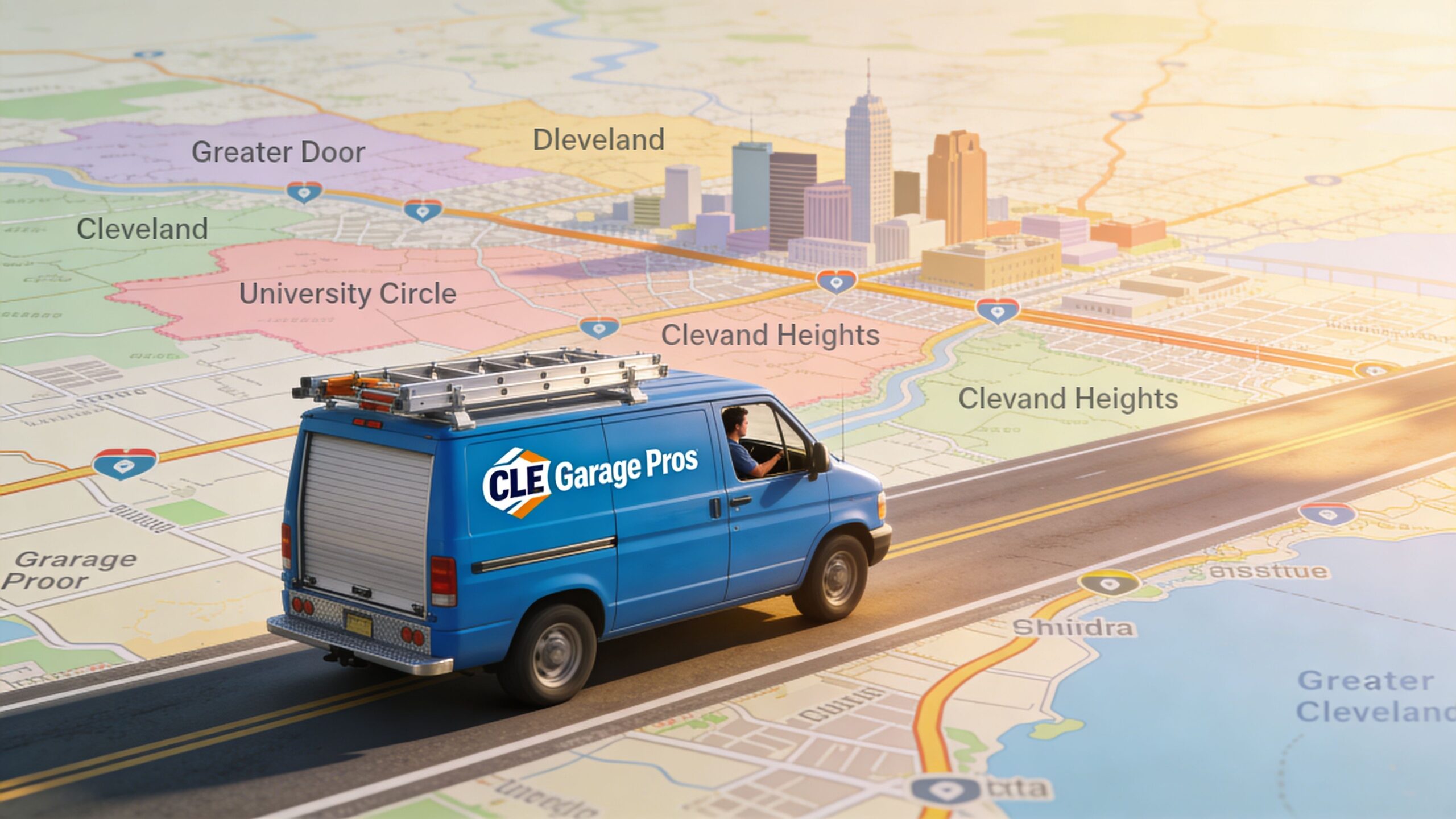 A blue CLE Garage Pros service van driving on a road displayed over a map of Cleveland.
