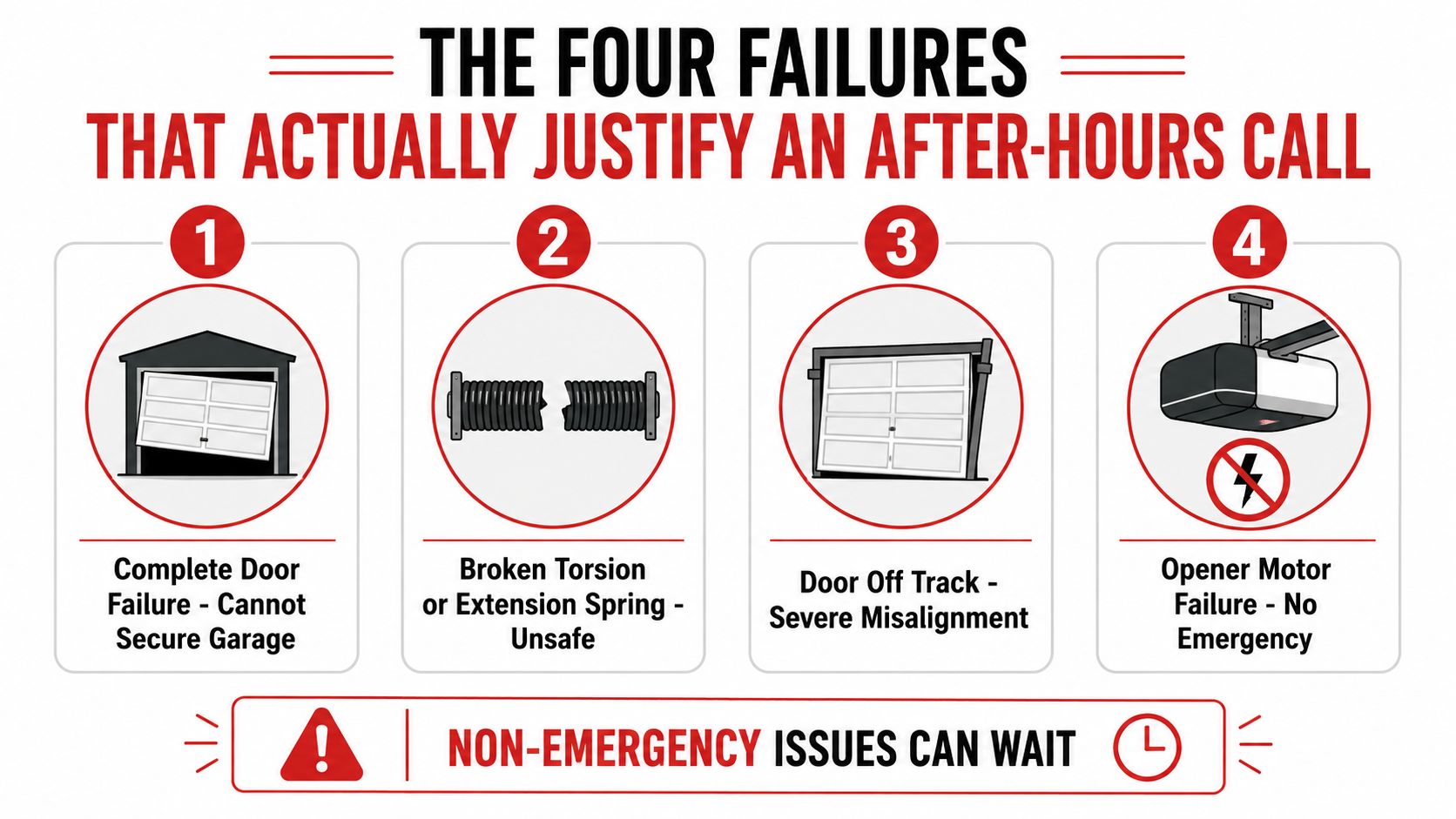 An infographic titled The Four Failures That Actually Justify An After-Hours Call for garage door repair.