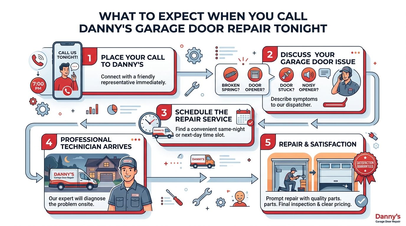 An infographic detailing the five-step process of Danny's garage door repair service from initial call to final satisfaction.