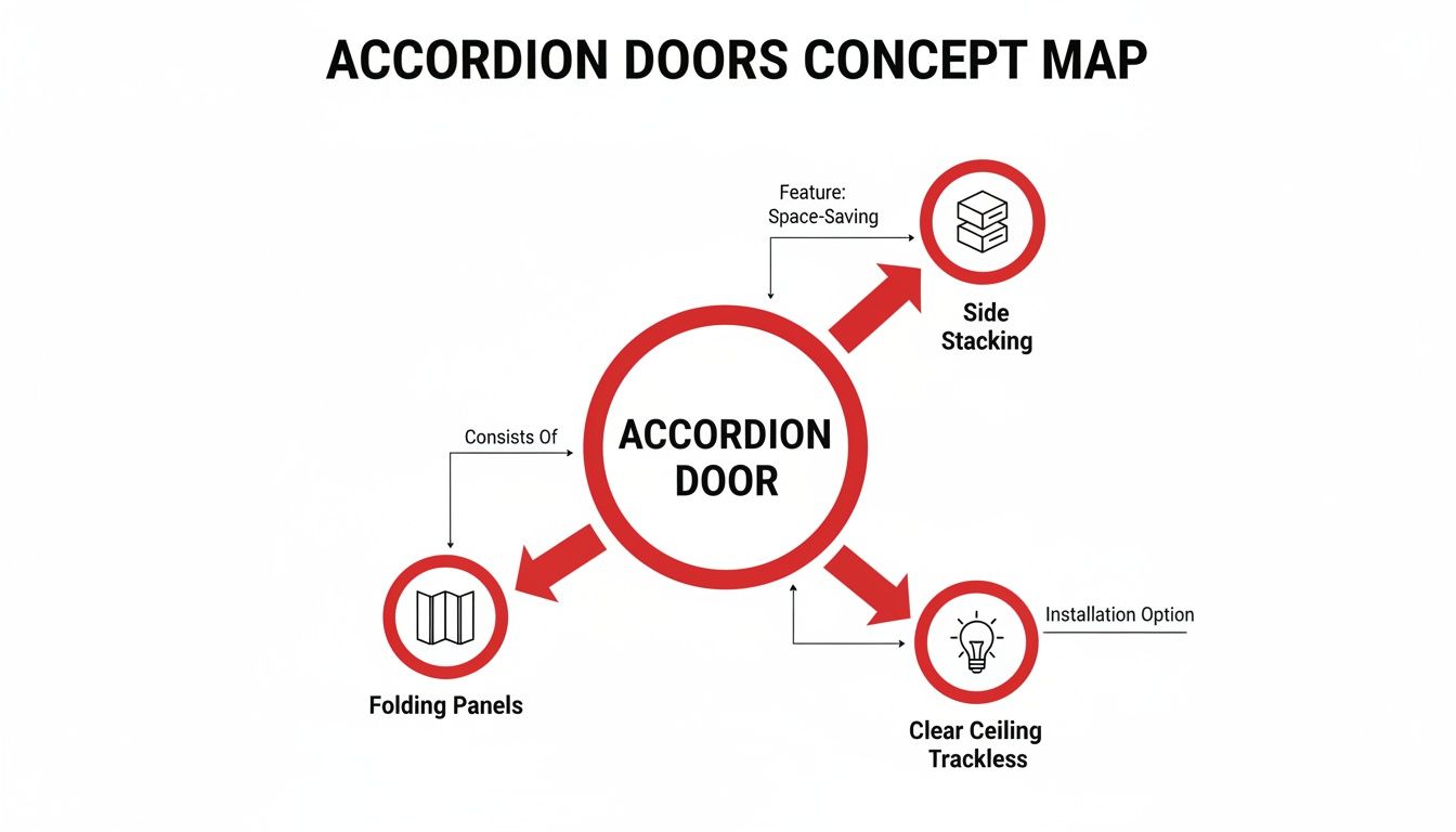 Concept map illustrating accordion door features: folding panels, side stacking for space-saving, and trackless installation.