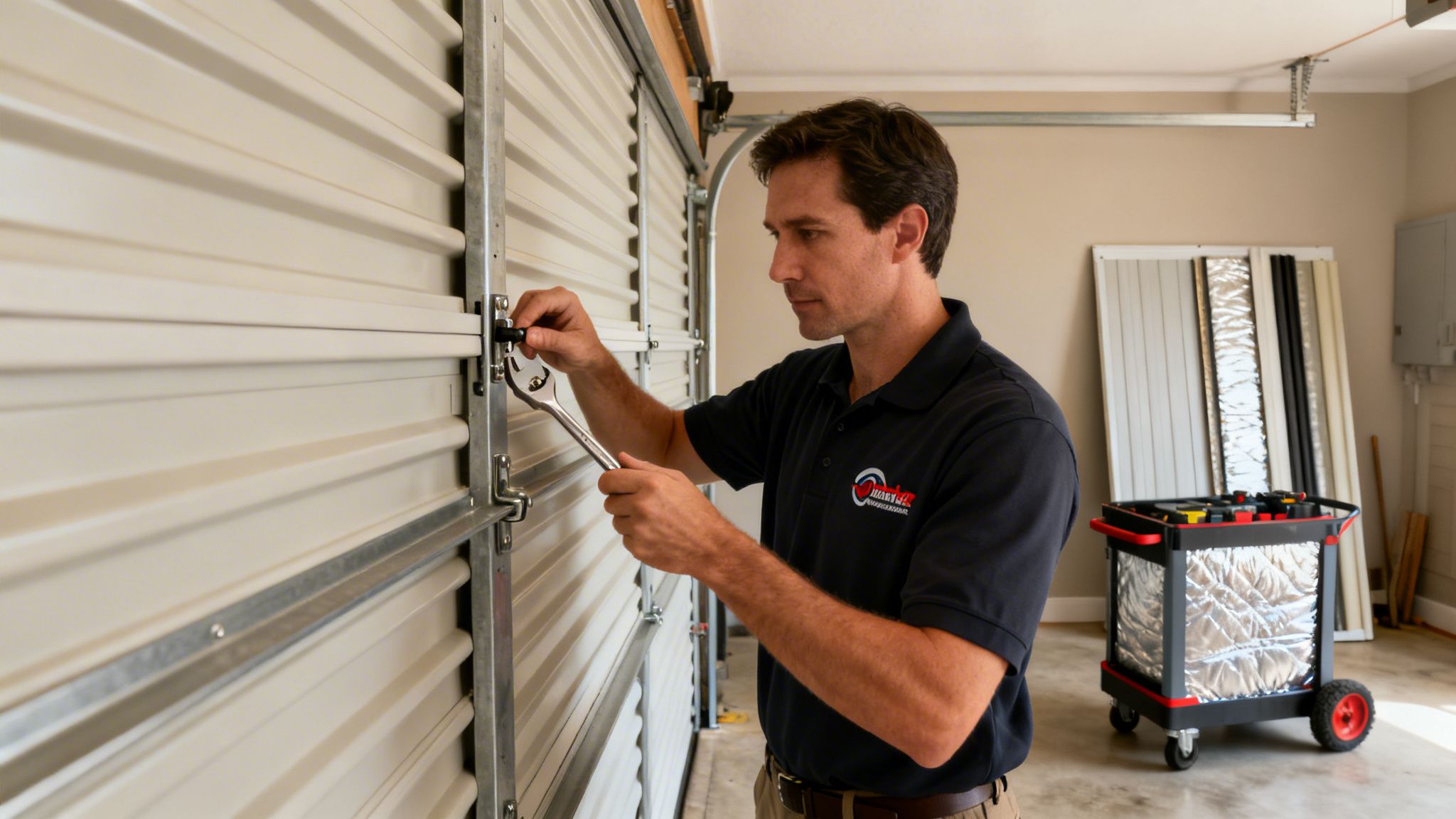 Service technician adjusting a roller on a beige accordion-style garage door with a wrench.