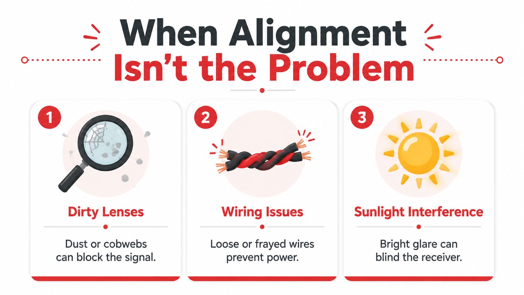 An infographic showing three common issues that affect garage door safety sensors besides alignment: dirty lenses, wiring problems, and sunlight.