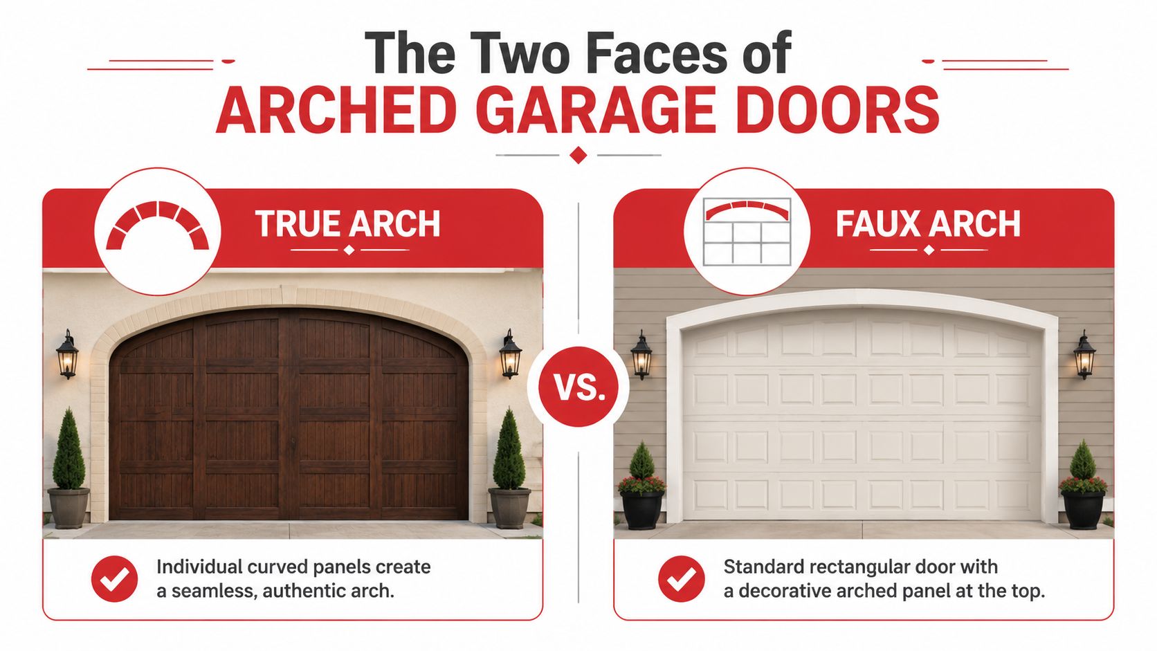 A comparison graphic showing a wooden true arched garage door versus a white faux arched garage door.