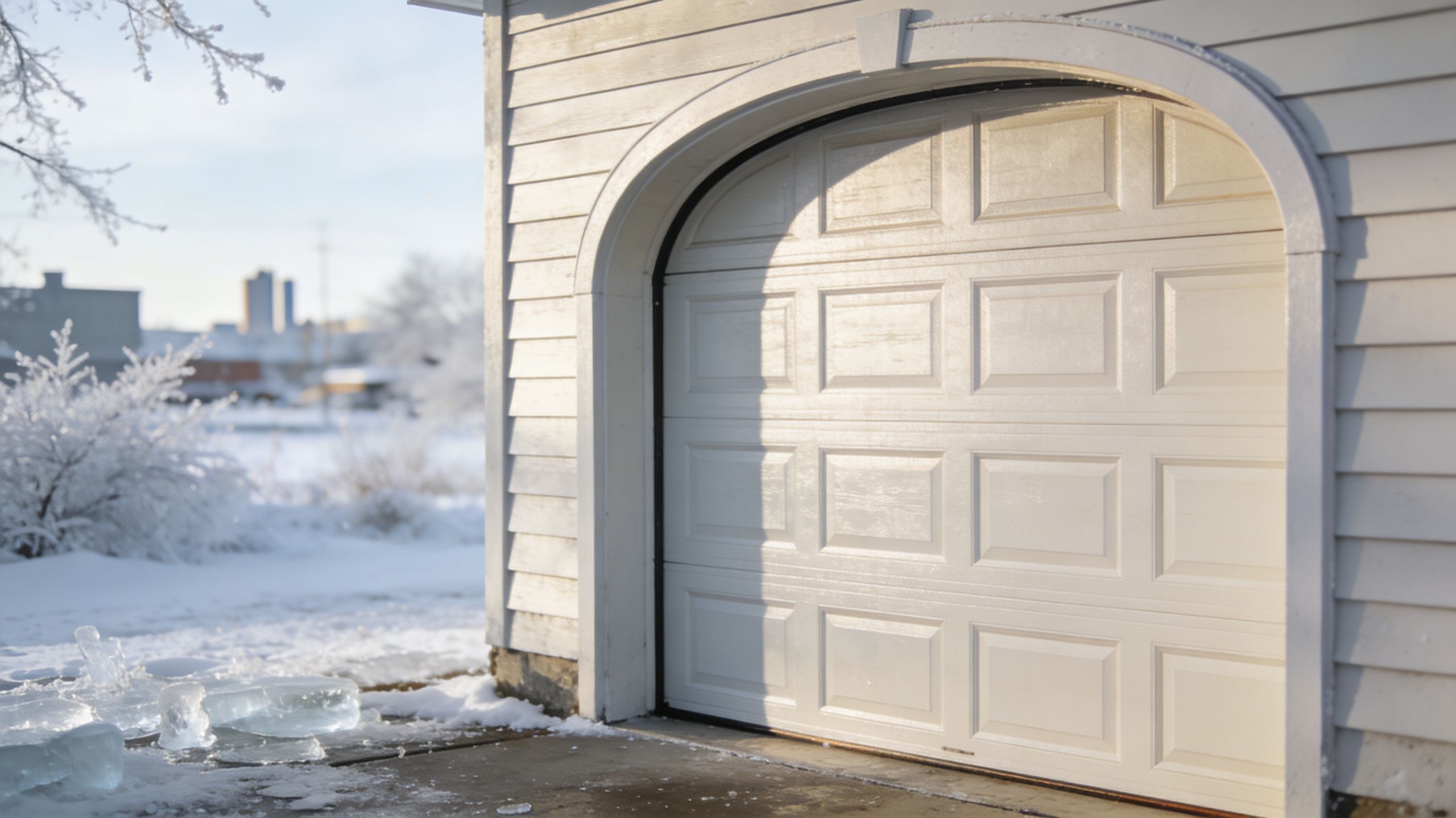 A classic white arched garage door installed on a residential house during a snowy winter day.