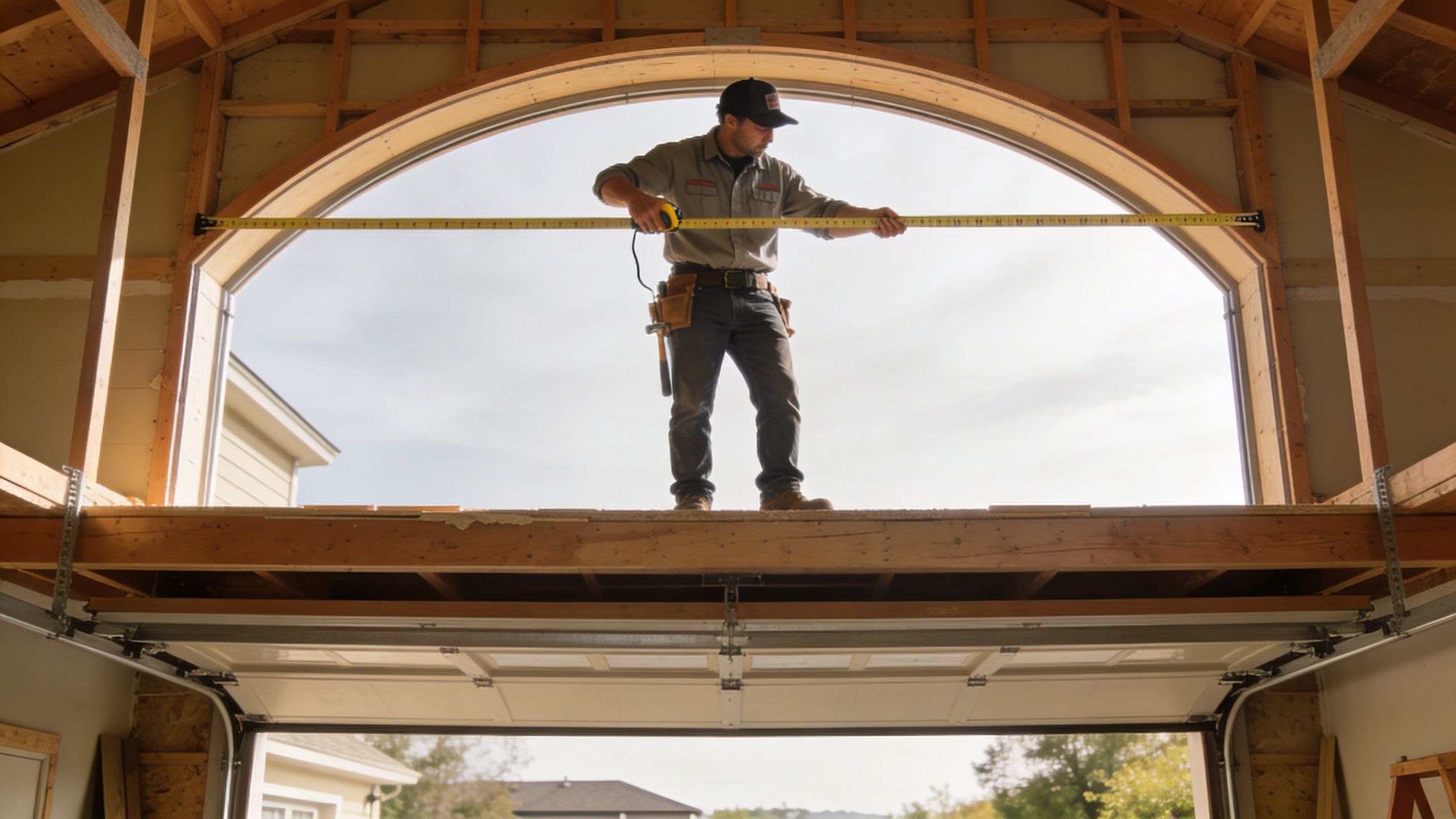 A construction worker measuring the width of an arched garage door frame on a residential property.