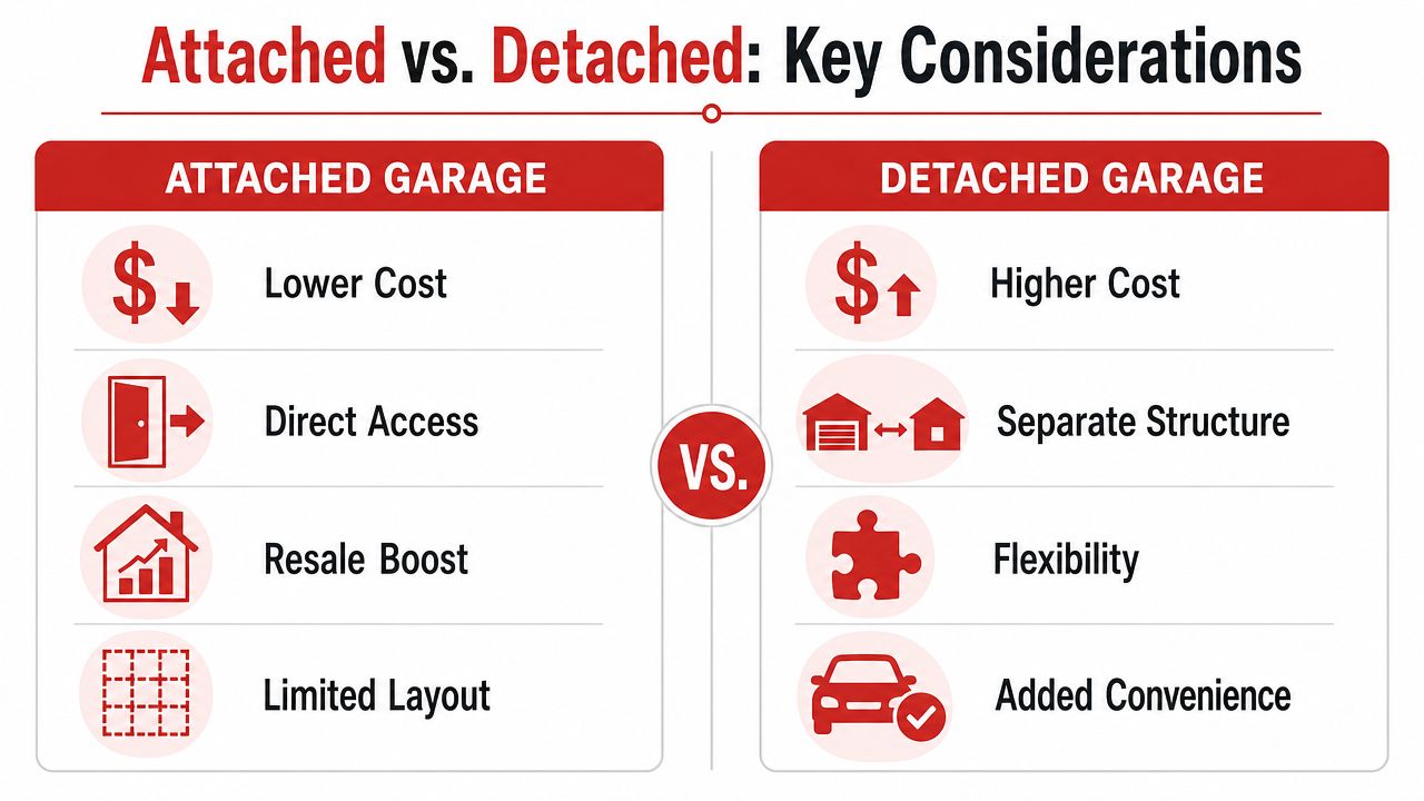 A comparison chart outlining the pros and cons of having an attached versus a detached home garage.