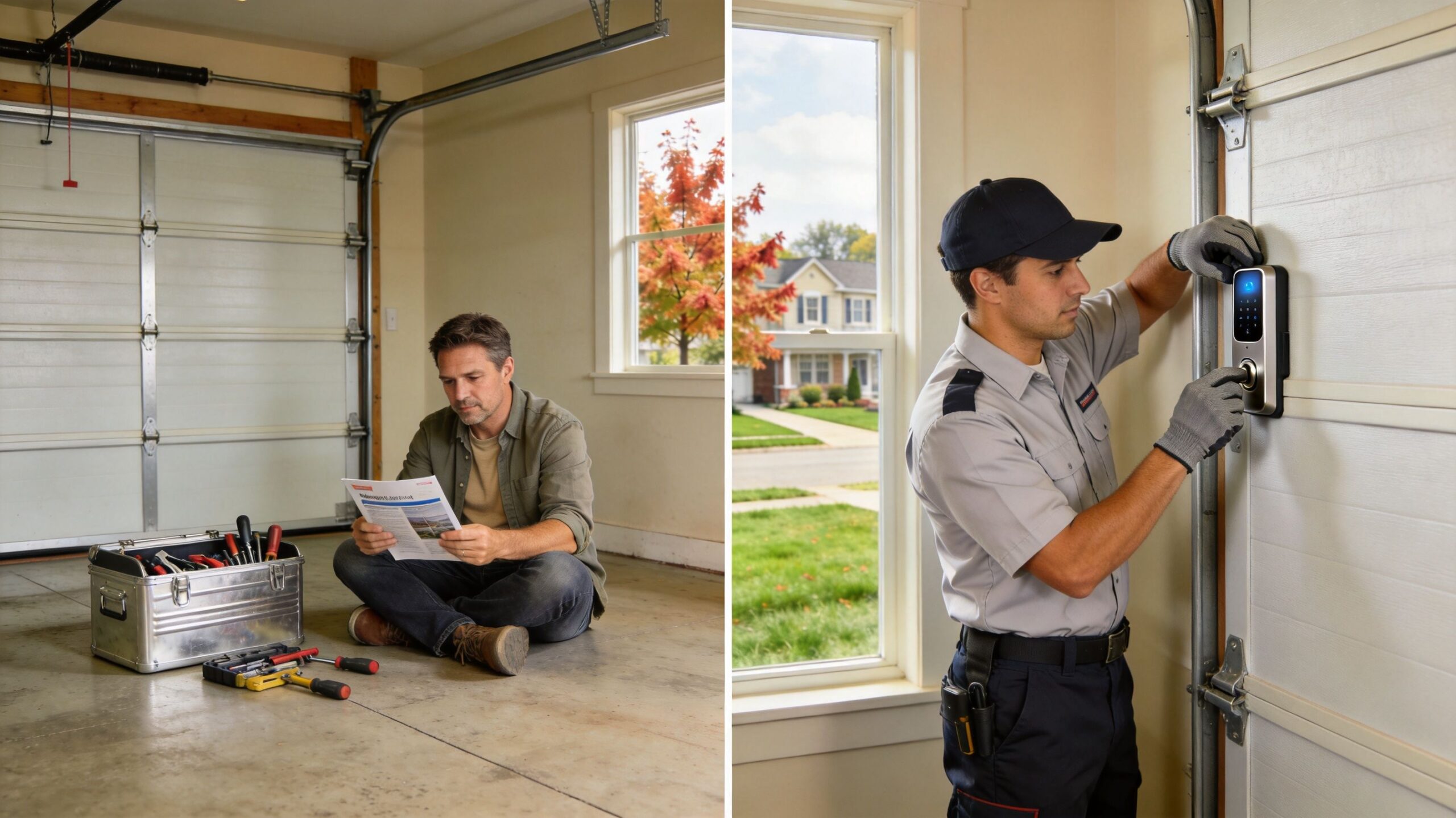 A split-screen image showing a man reading manual instructions and a professional installing a smart garage lock.