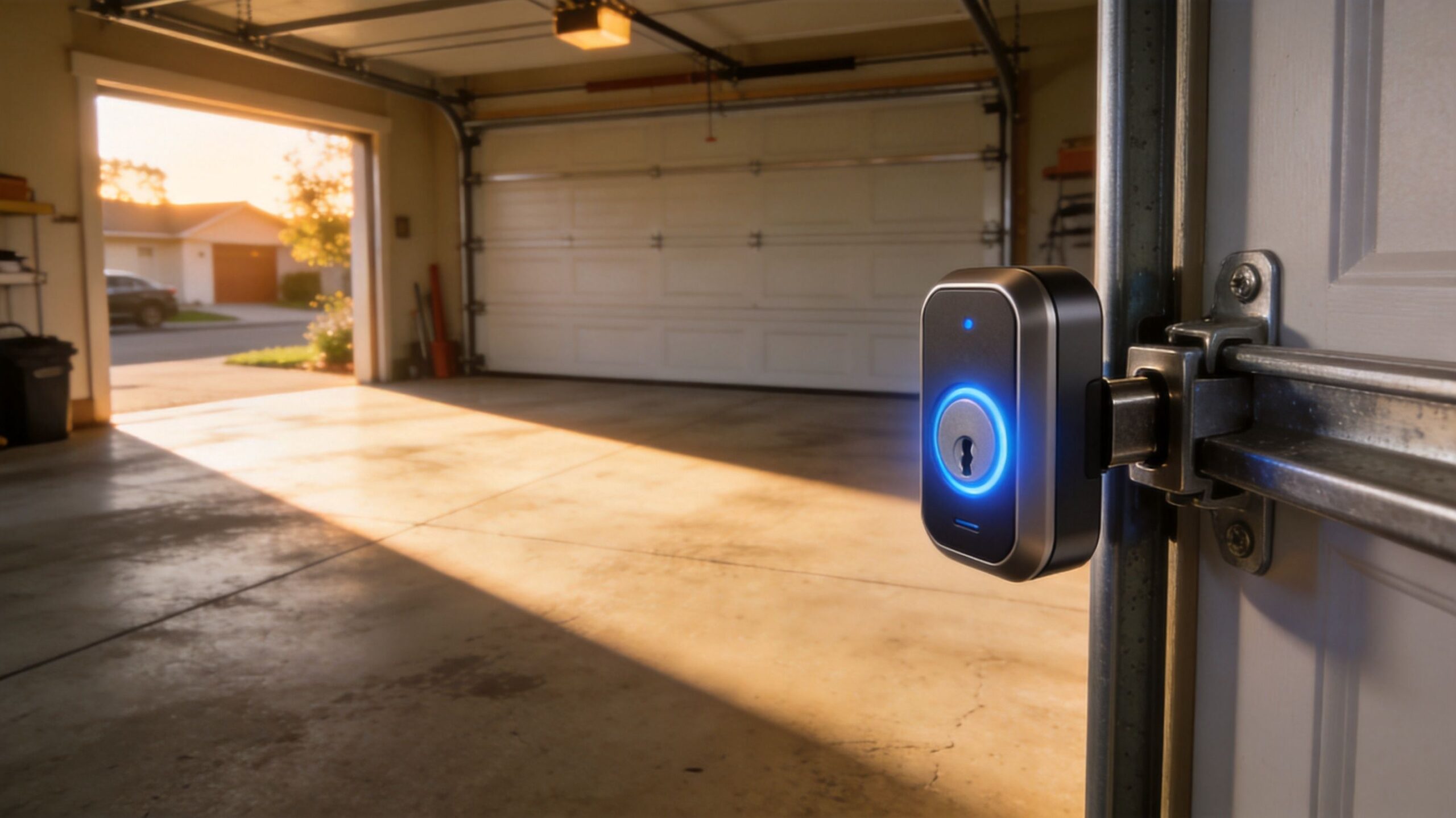 A modern smart garage door lock with glowing blue light installed on a residential garage door.