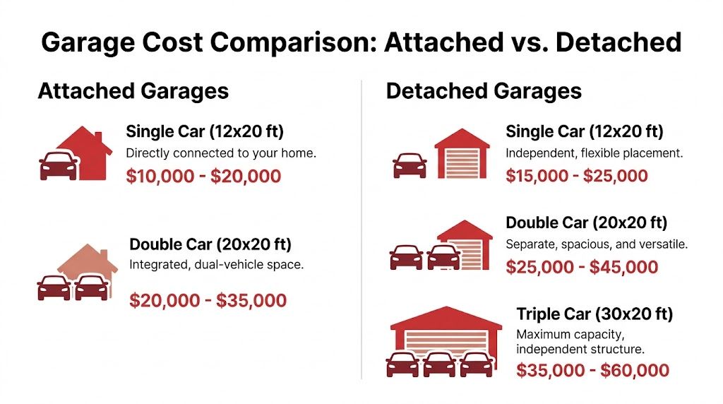 A comparison chart showing estimated building costs for attached and detached garages by size and type.