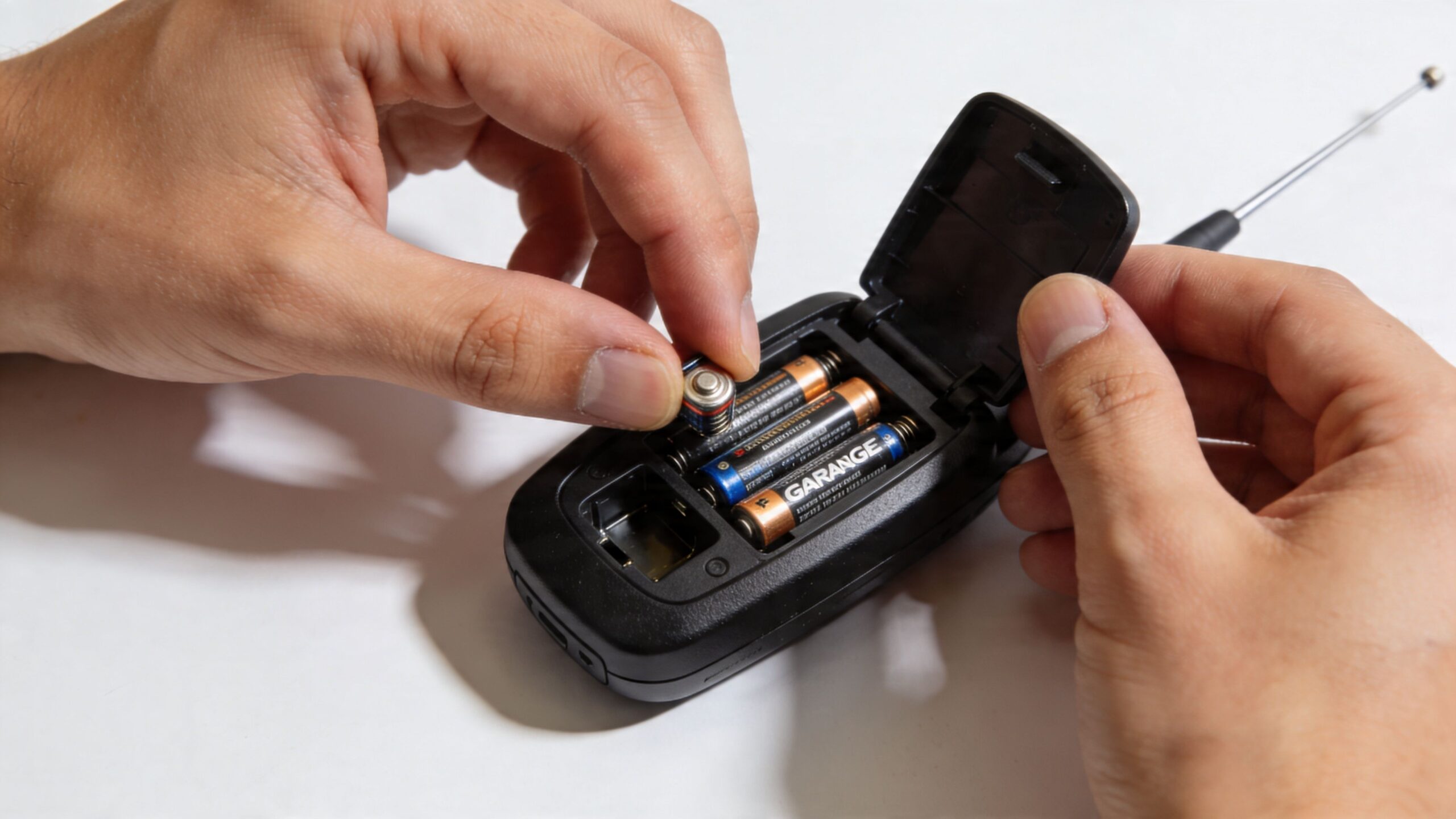 A person is carefully installing new batteries into the battery compartment of a garage door remote controller.