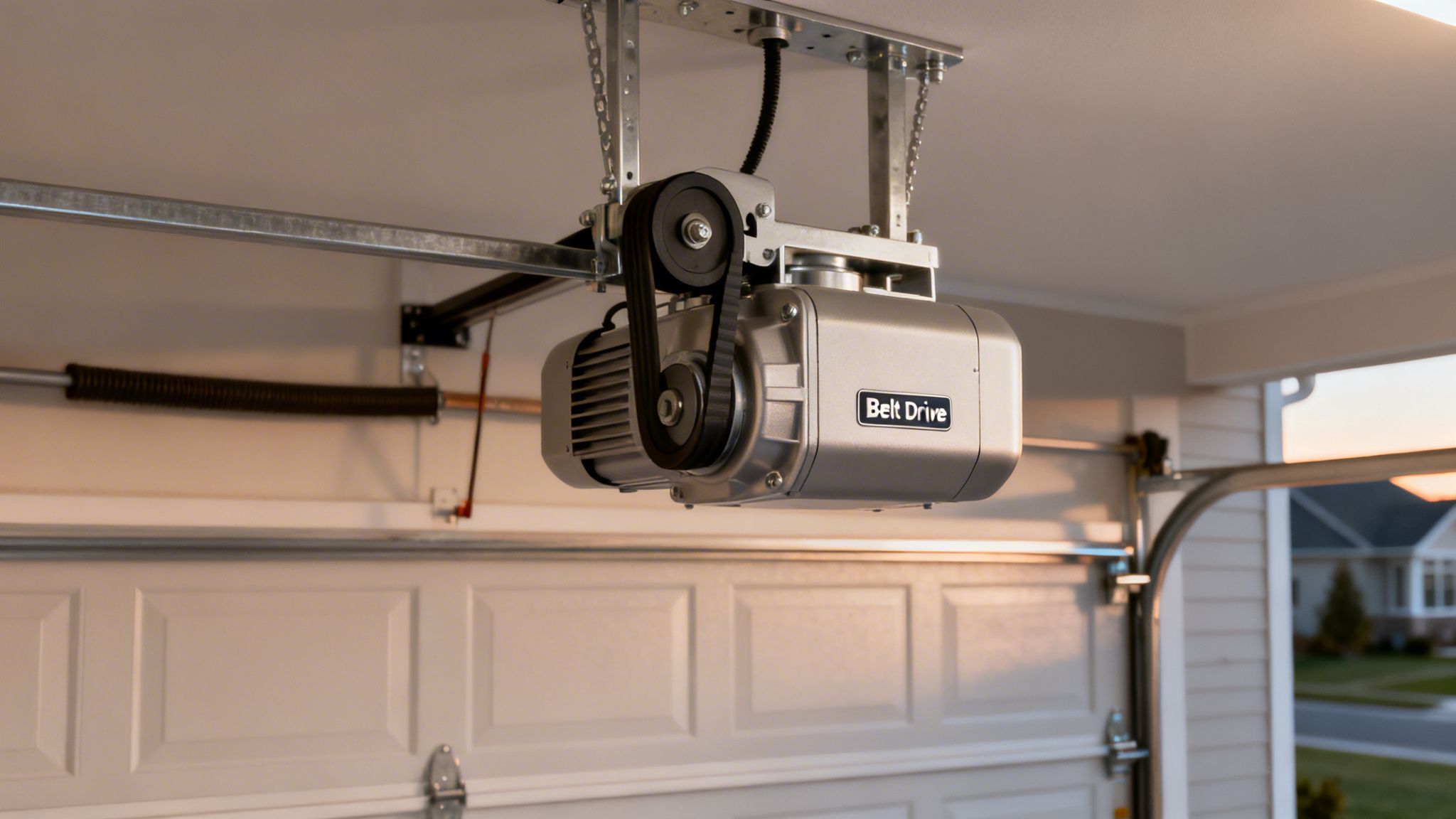 A modern belt drive garage door opener system installed on a garage ceiling.