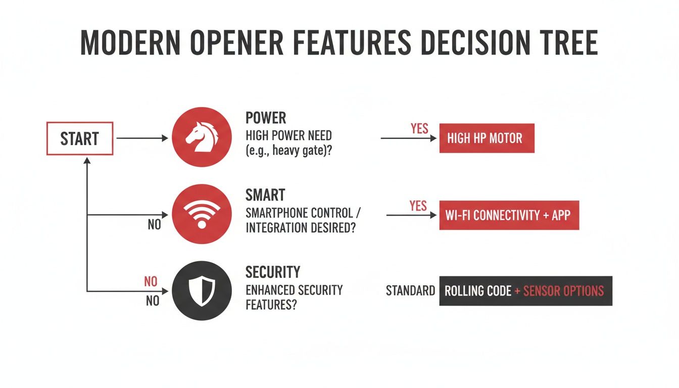 A decision tree illustrating modern opener features for power, smart control, and security options.