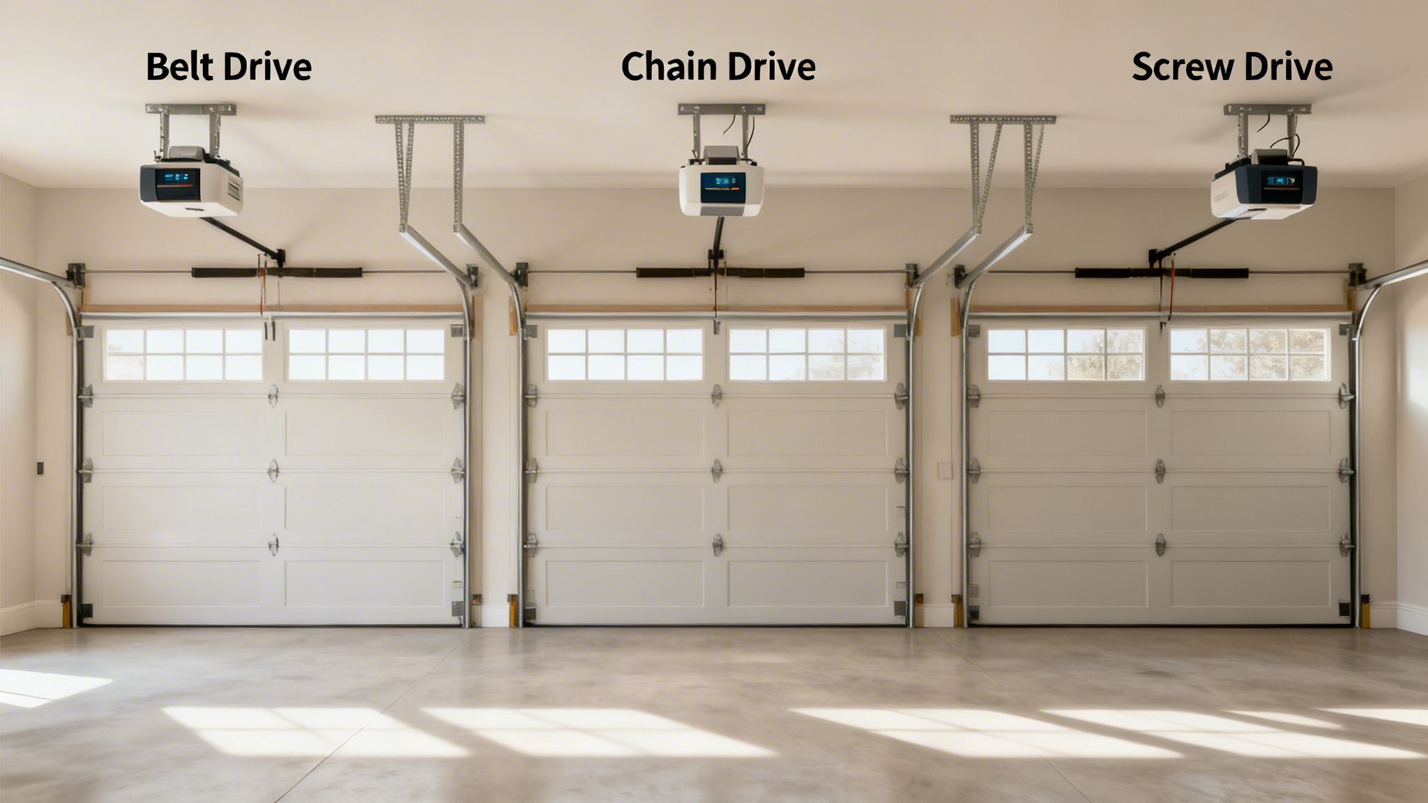 A side-by-side comparison of three garage door opener types: belt drive, chain drive, and screw drive systems.