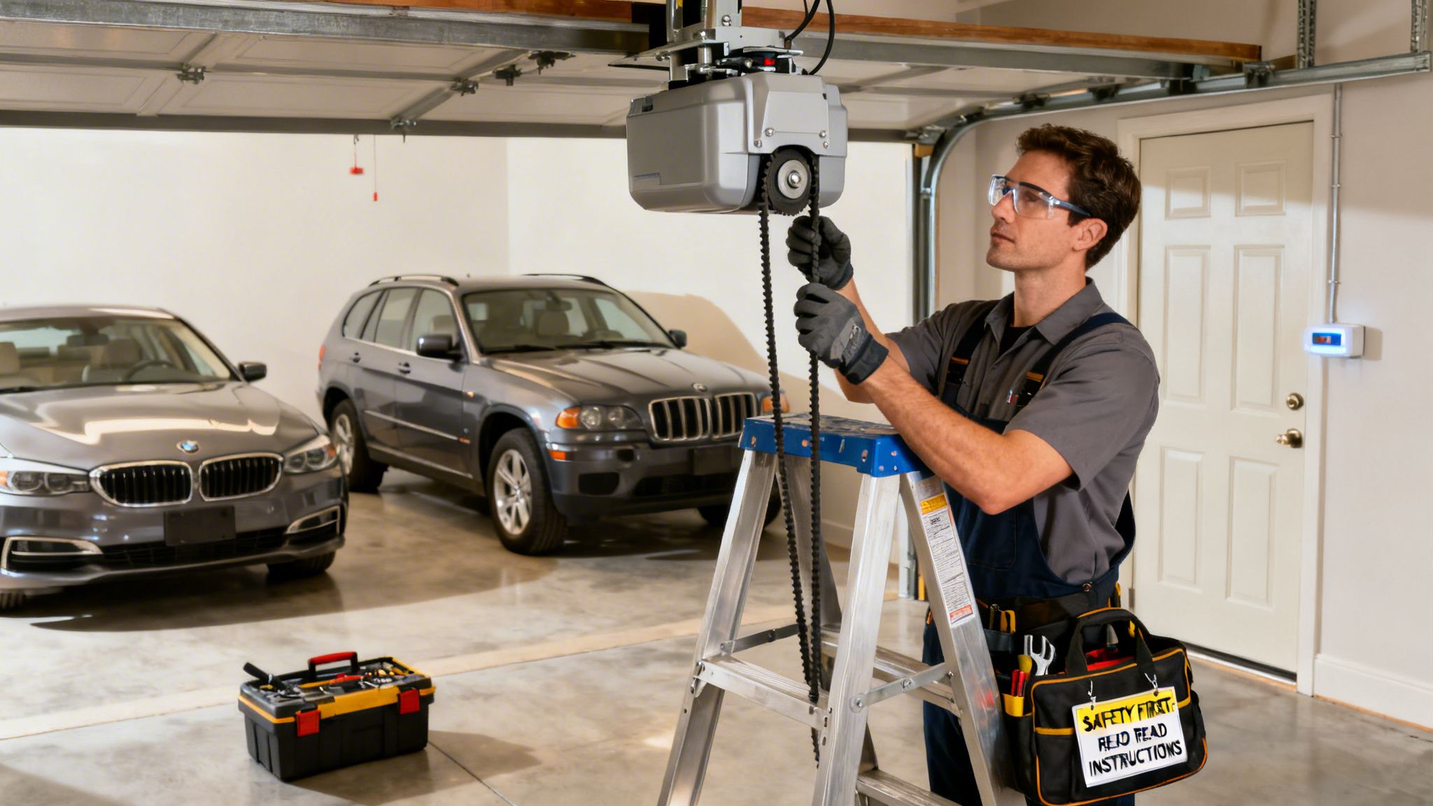 A technician in safety glasses installs a garage door opener chain in a residential garage.