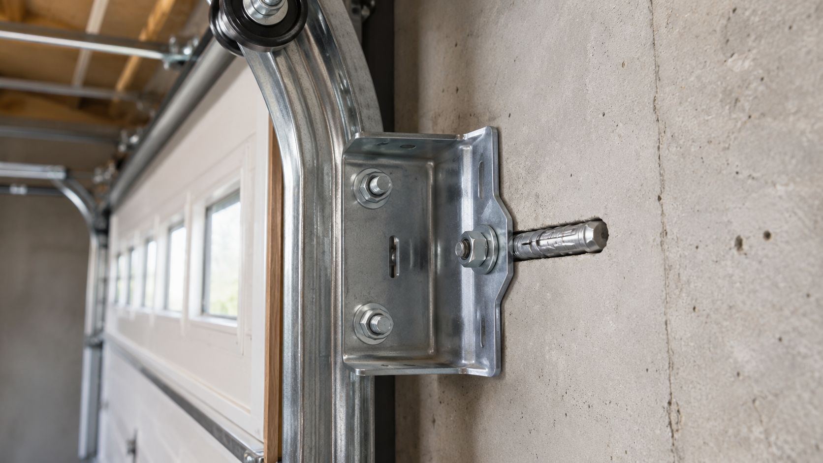 A steel garage door track bracket mounted securely to a concrete wall with a wedge anchor bolt.