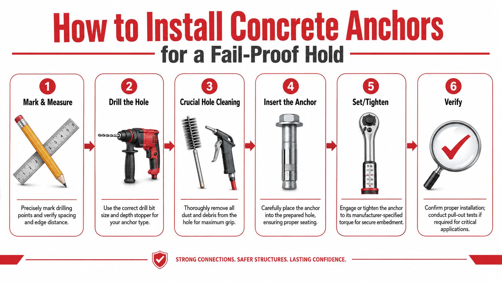 A six-step infographic demonstrating the correct process for installing concrete anchors securely and effectively.