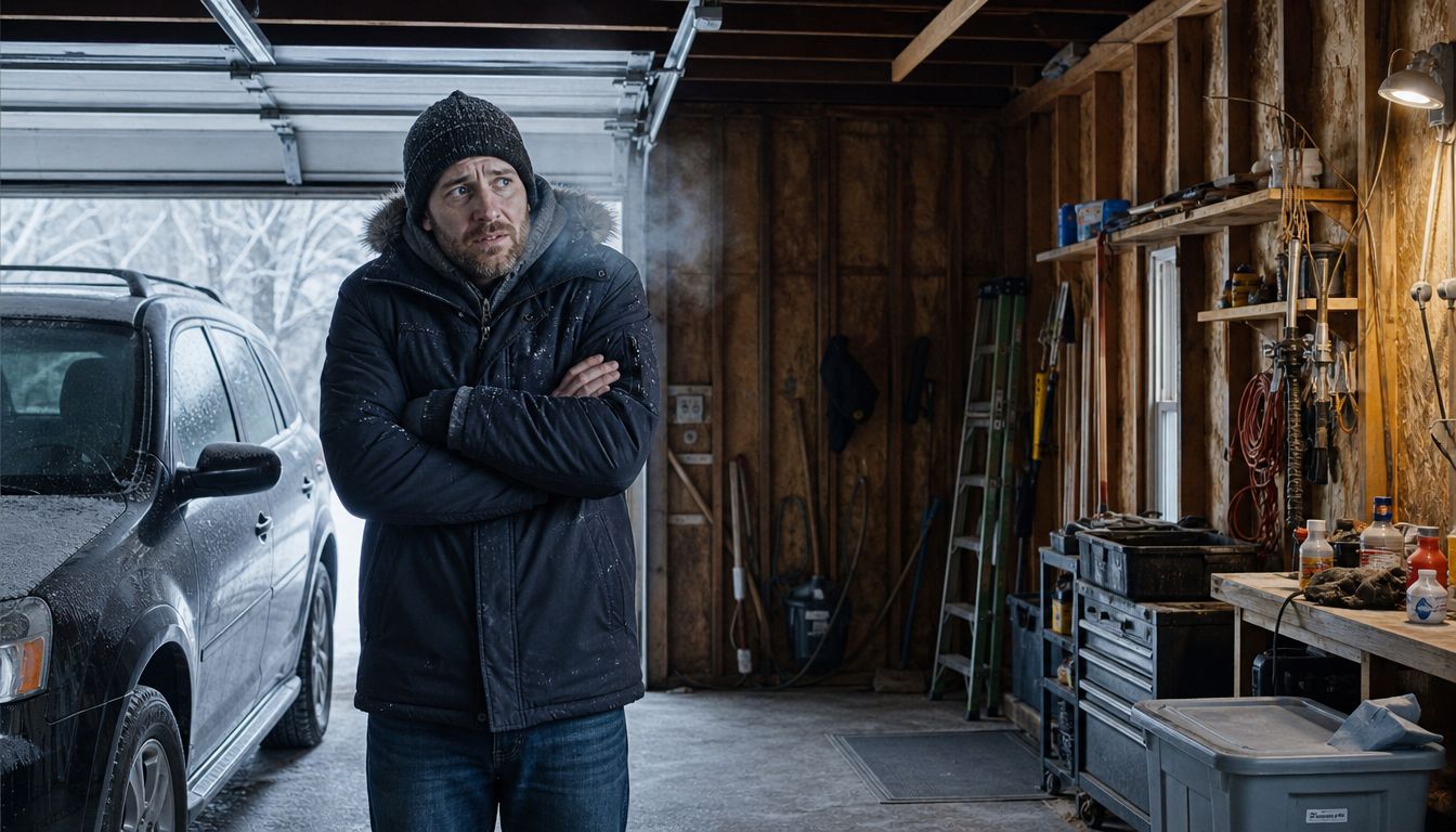 A man wearing a winter coat stands in a cold, uninsulated garage with visible breath.