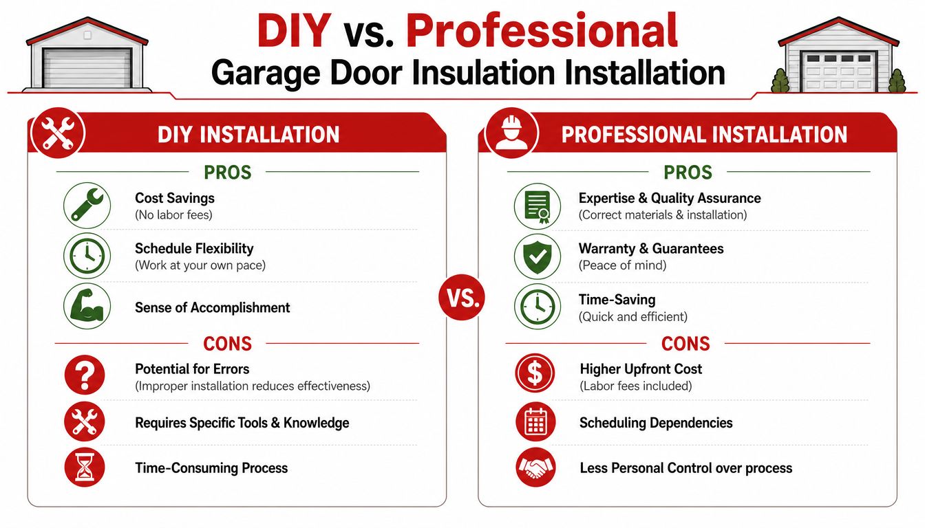 A comparison chart outlining the pros and cons of DIY versus professional garage door insulation installation services.