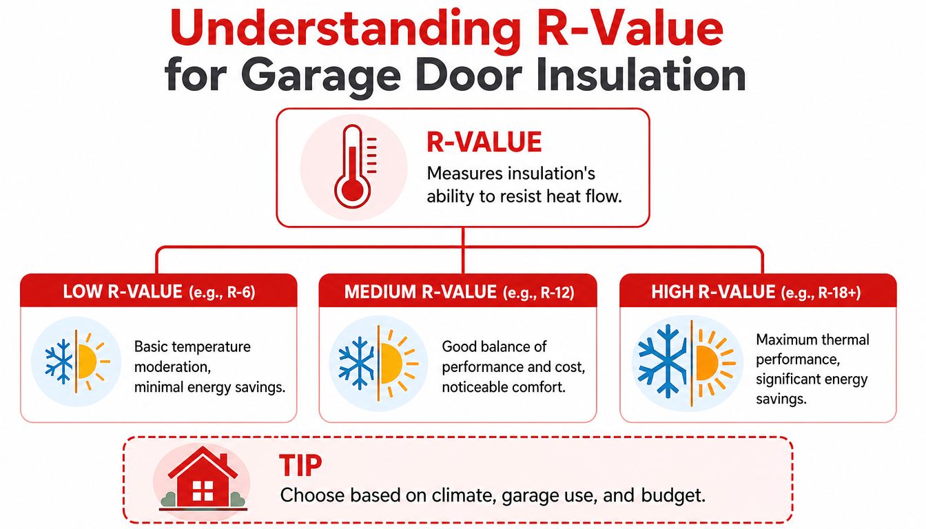 An infographic explaining garage door insulation R-values, ranging from low to high, and their thermal performance benefits.