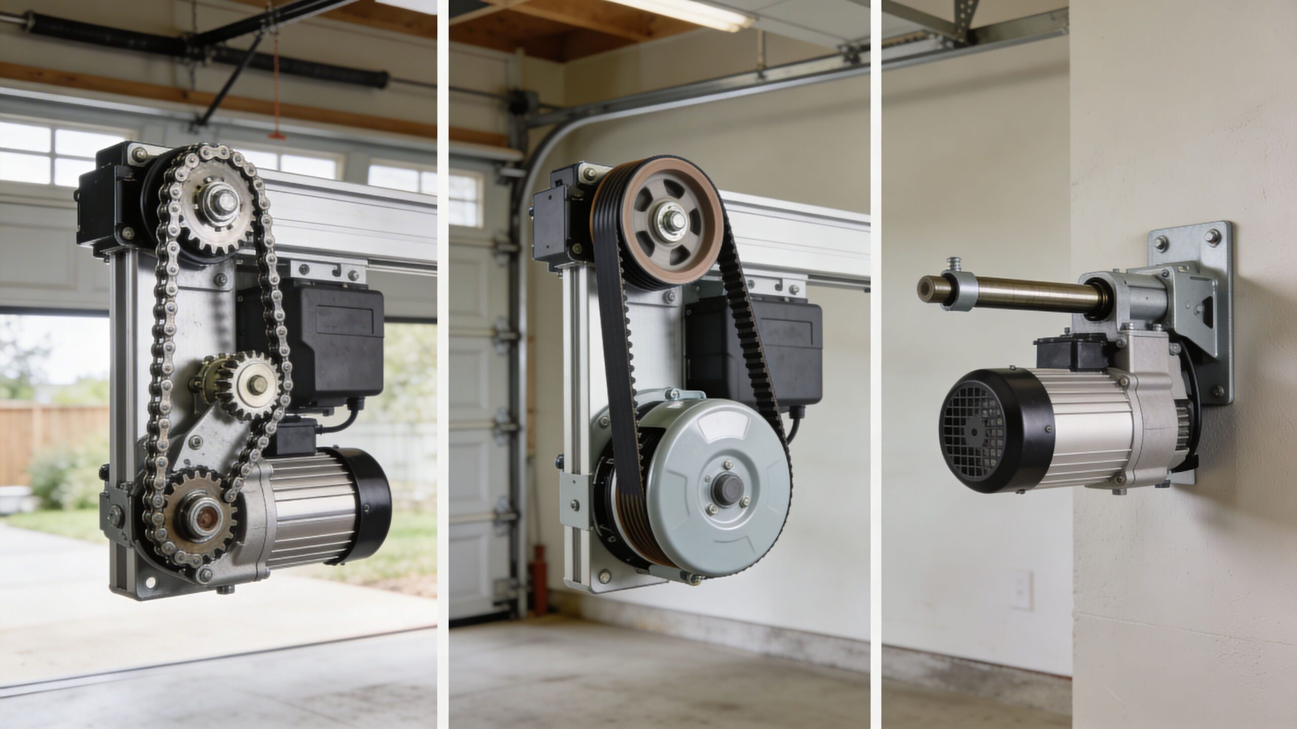 Three different motor drive systems for heavy duty garage door openers mounted on interior walls