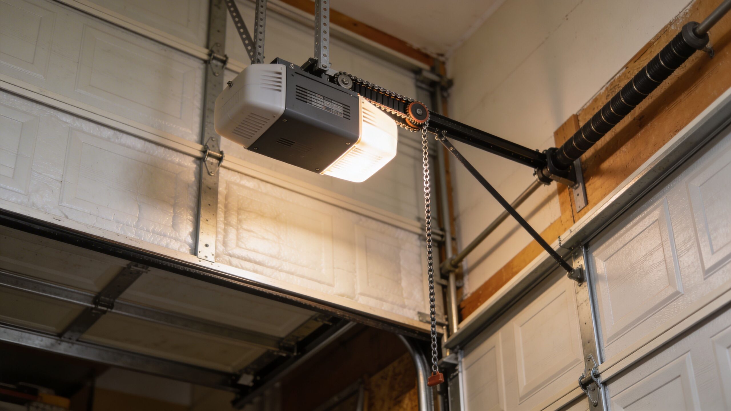 A brightly lit, modern automatic garage door opener motor mounted to the ceiling of a residential garage.