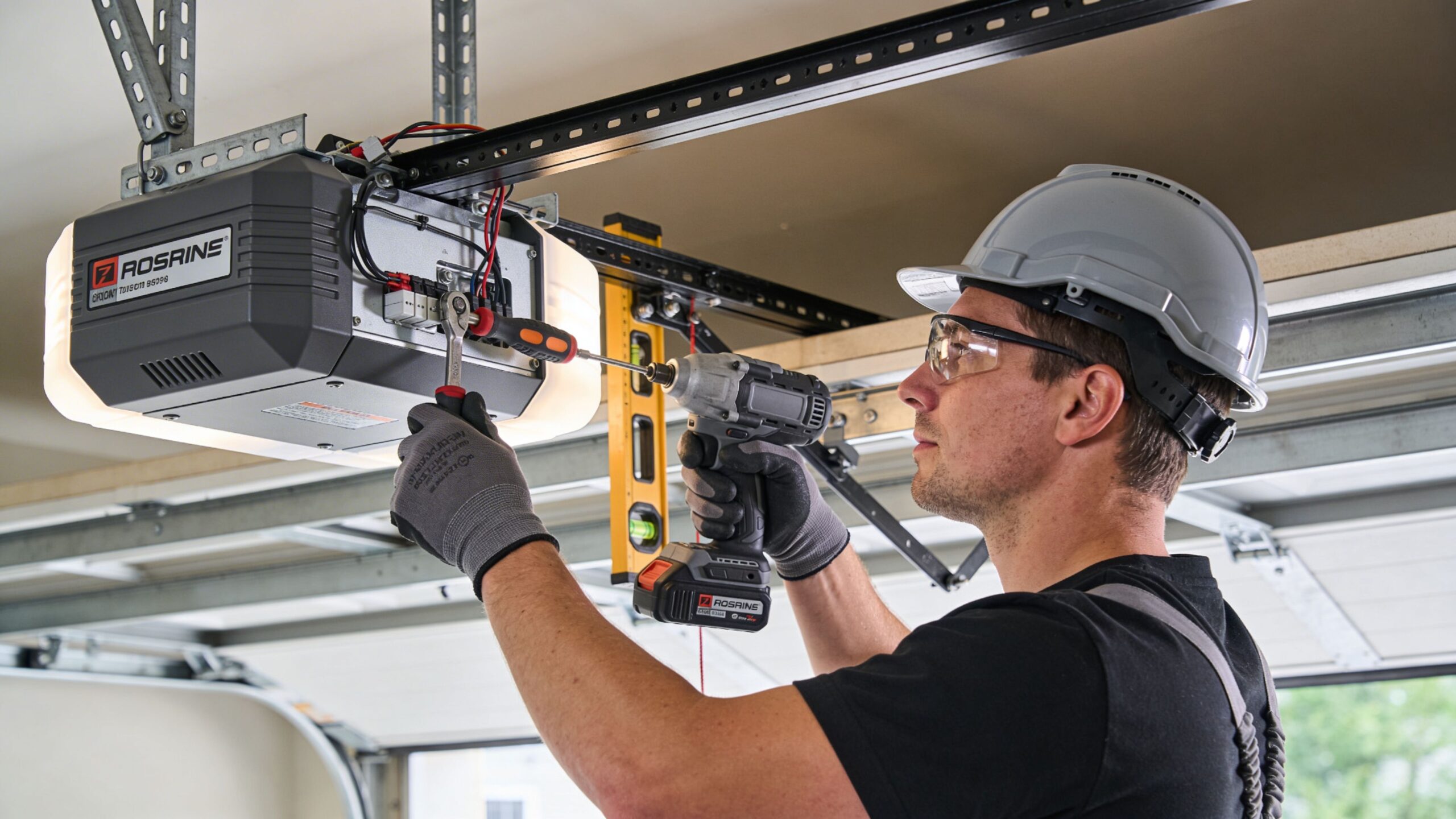 A professional technician wearing a hard hat and protective goggles installing a garage door opener motor.