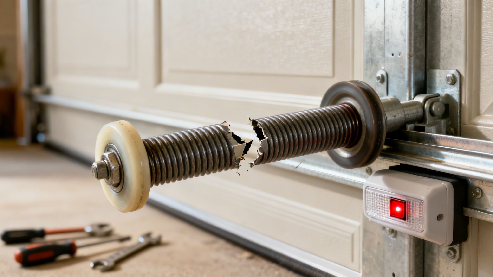 Close-up of a garage door's broken torsion spring, with repair tools on the floor.