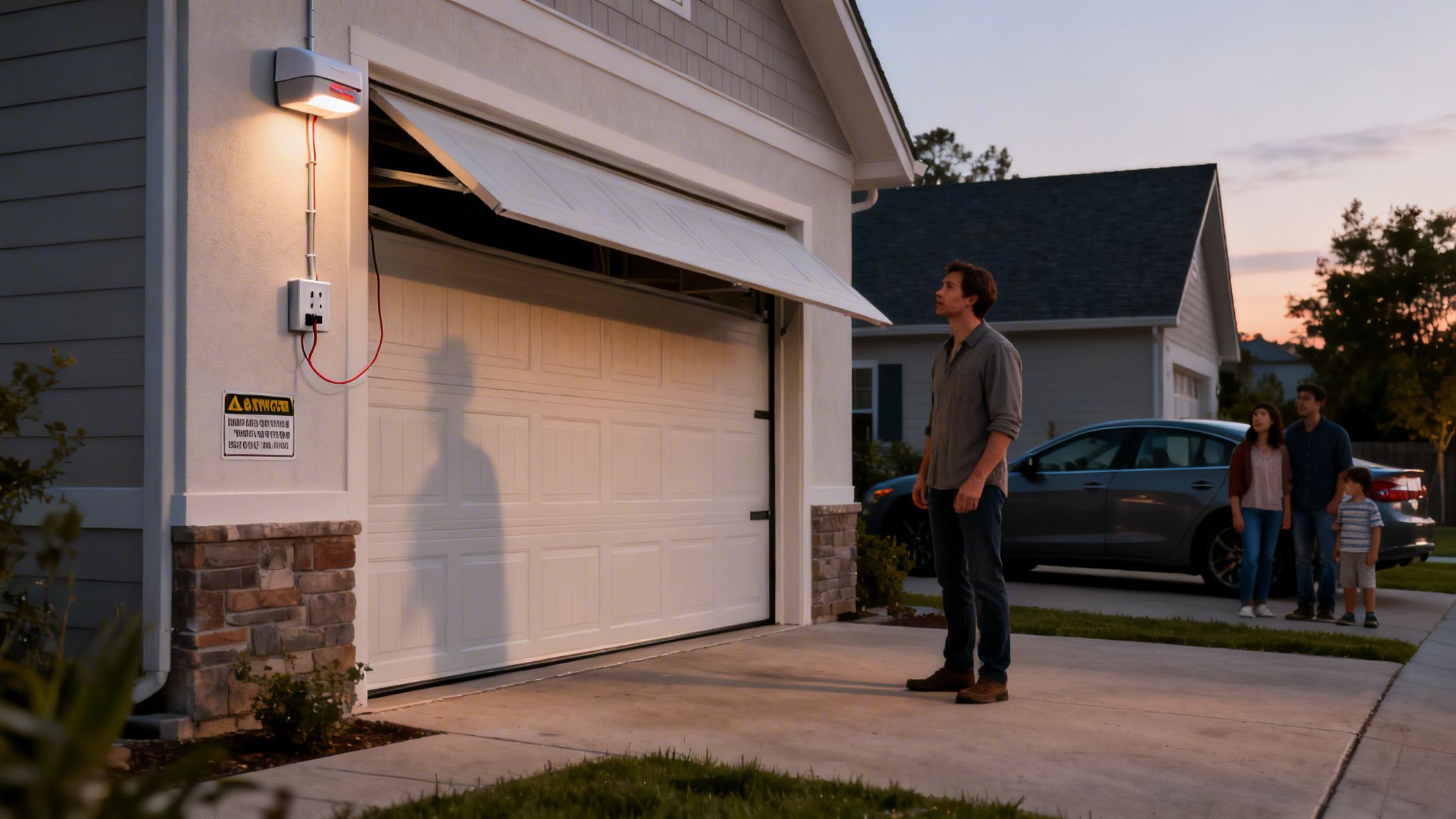 A man looks up at a partially open garage door, suggesting a problem, with his family waiting.